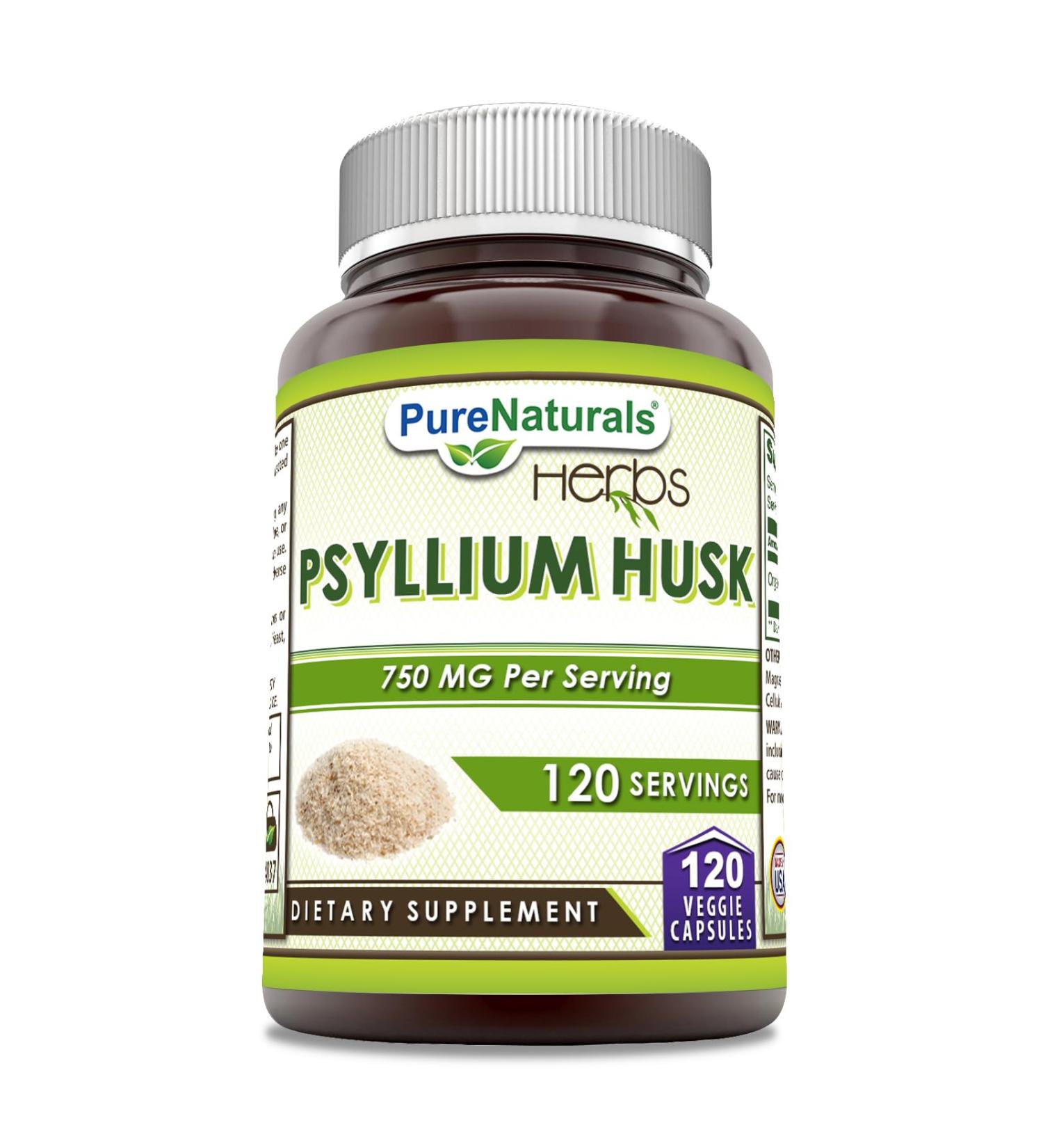 Pure Naturals Psyllium Husk Supplement | 750 Mg Per Serving | Veggie Capsules | Non-GMO | Gluten-Free | Made in USA (120 Count)
