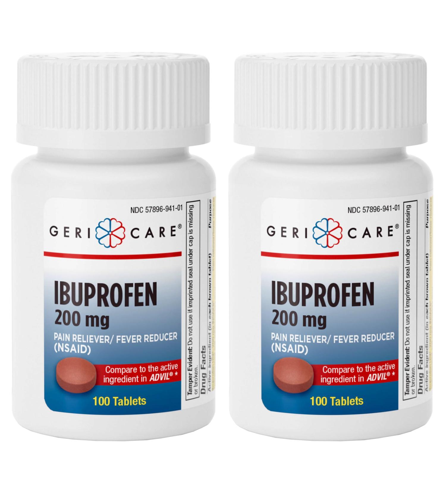 GeriCare Ibuprofen 200mg, Pain Reliever, Fever Reducer, Relieves Body Aches, 100 Count (Pack of 2) - Buy Online on GoSupps.com