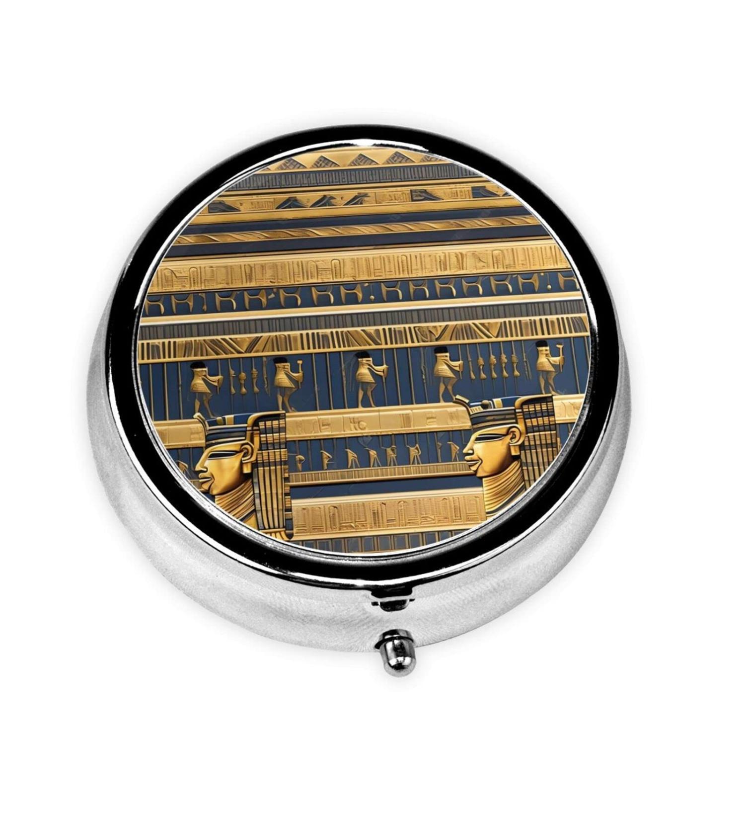 Egyptian Pharaonic Frescoes Round Pill Box - 3 Compartment Portable Travel Organizer - Buy Online on GoSupps.com