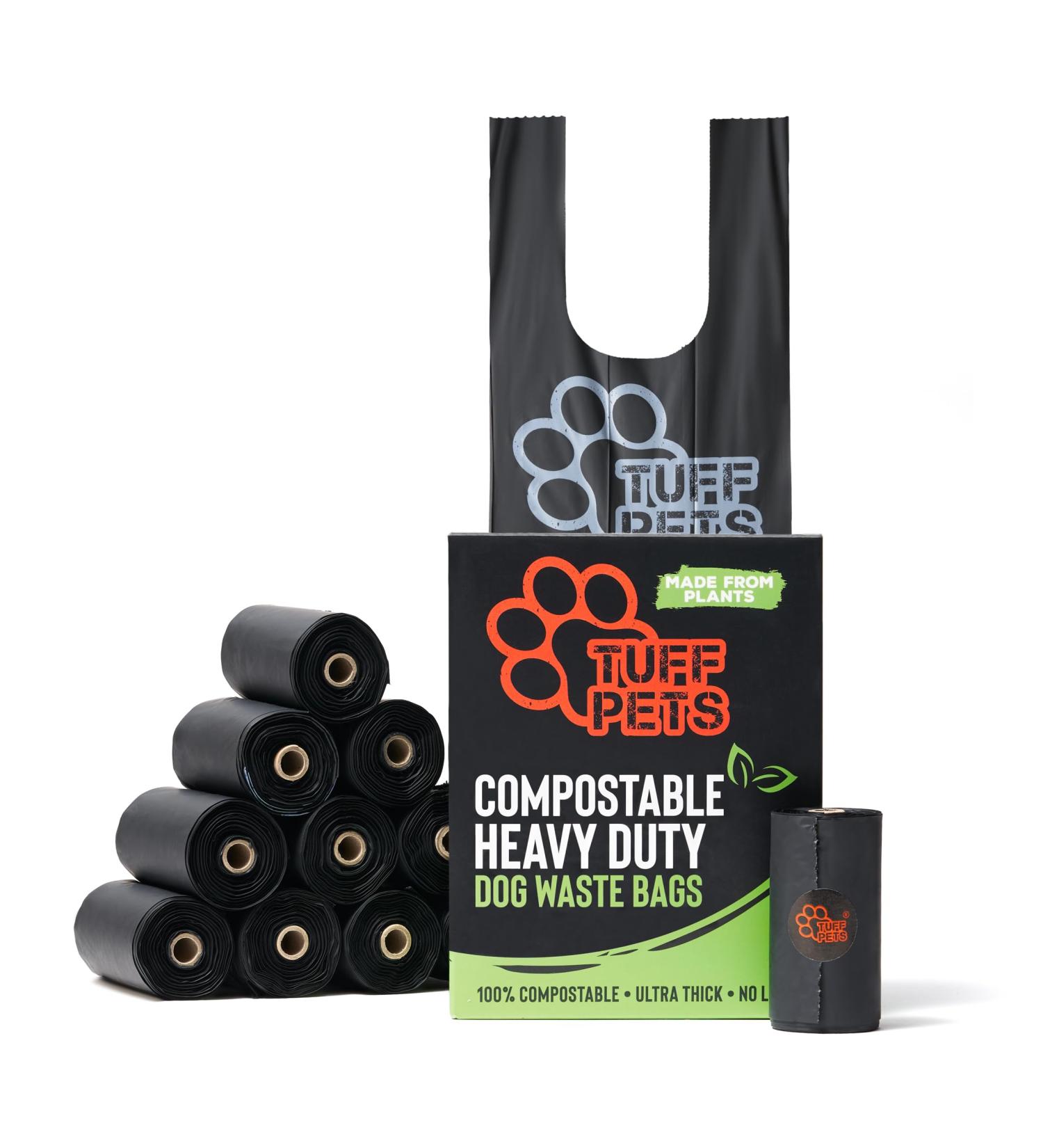 Tuff Pets Compostable Dog Poop Bags on Rolls | 50% Thicker Plant-Based Biodegradable Dog Poo Bags with Tie Handles | Certified Home Compostable | 12 Rolls - Buy Online on GoSupps.com