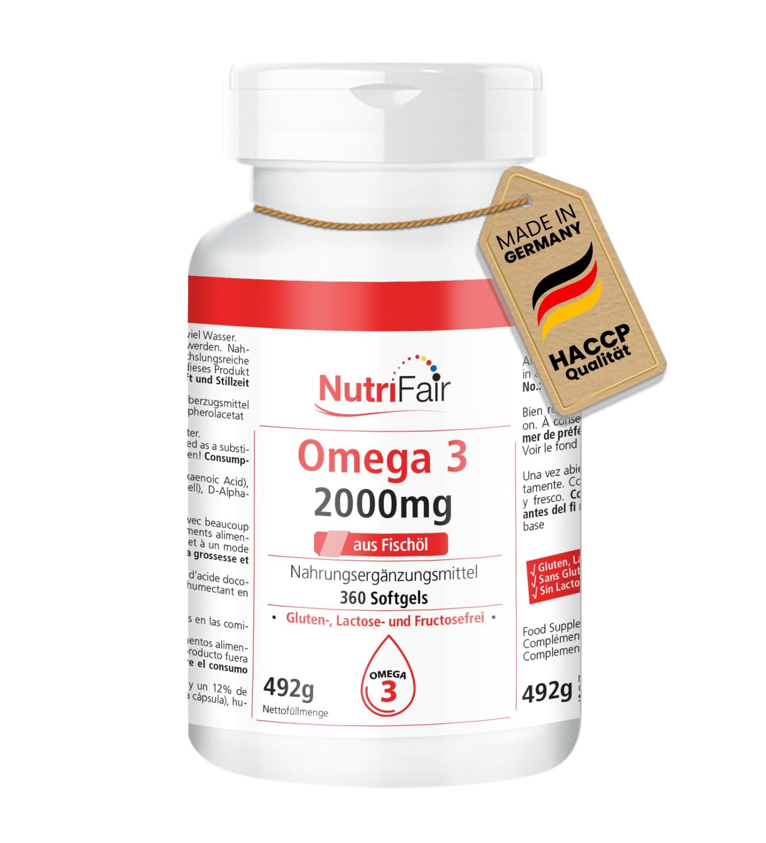 Nutrifair BV Omega 3360 softgels 2000 mg fish oil per daily dose with EPA DHA and vitamin E high dose German production and laboratory test NutriFair premium & fair - Buy Online on GoSupps.com