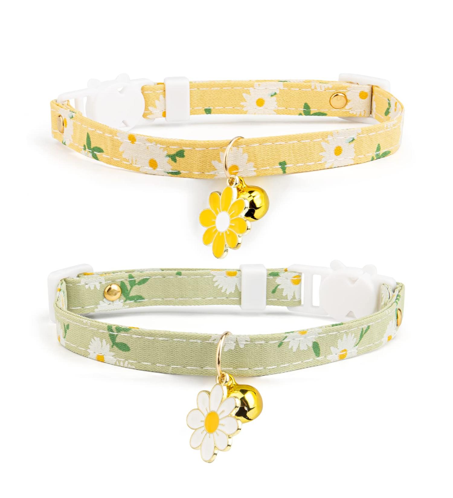 Liugjiau 2 Pack Cotton Cat Collar Breakaway with Bell - Cute Kitten Collar for Girl and Boy Cats - A-Yellow&Green - Buy Online on GoSupps.com