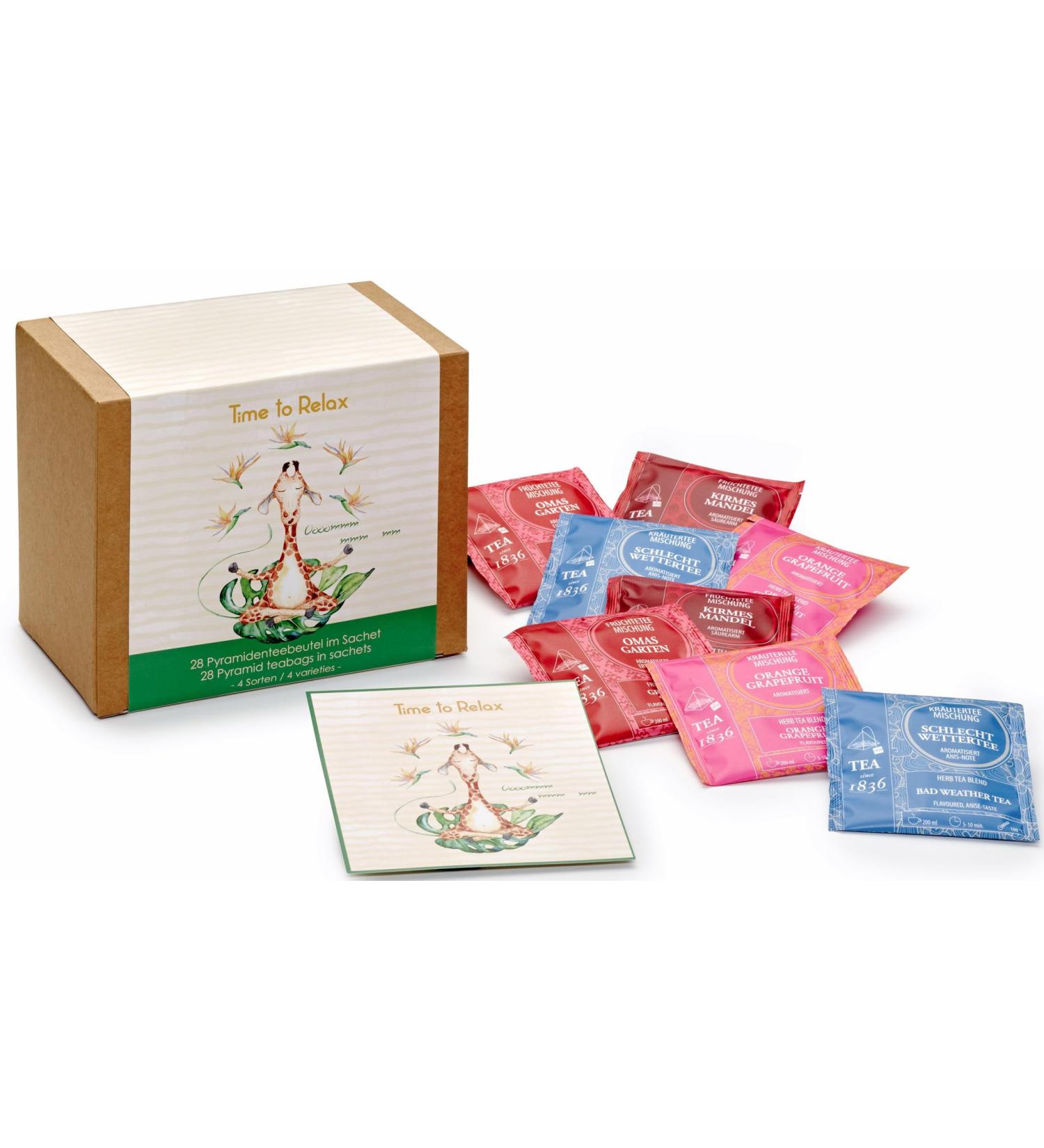 teemando Coffret cadeau "Time to Relax" avec 28 sachets pyramidaux (4 vari t s de 7 sachets) 7 sachets de 3 g 7 sachets de 3 5 g 14 sachets de 4 g avec 1 carte produit