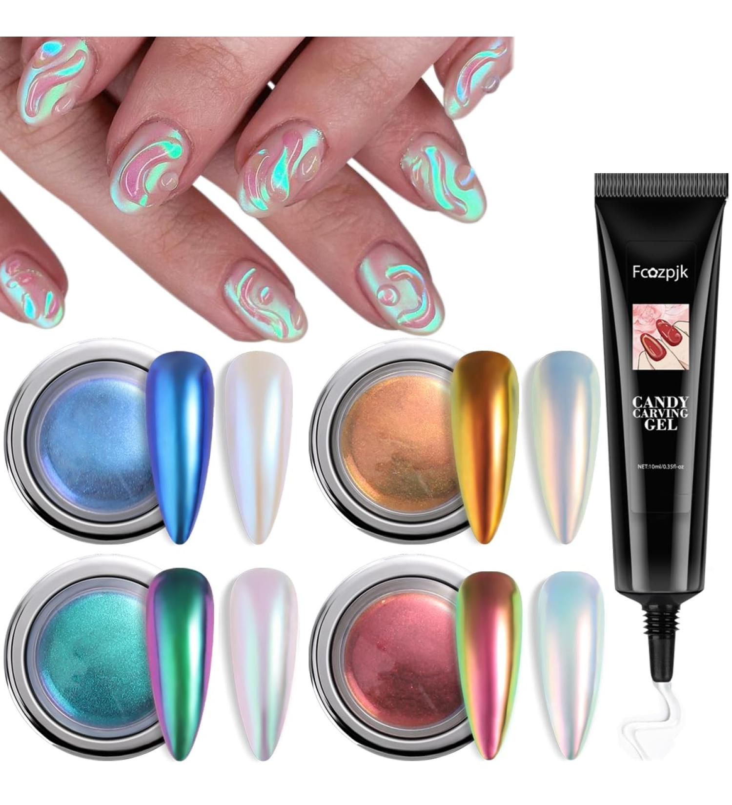 Chrome Nail Powder - 4 Colors Chameleon Mirror Effect with 3D Sculpting Gel | Iridescent Gold Pink Blue Nail Glitters for Stunning Nail Art - Buy Online on GoSupps.com