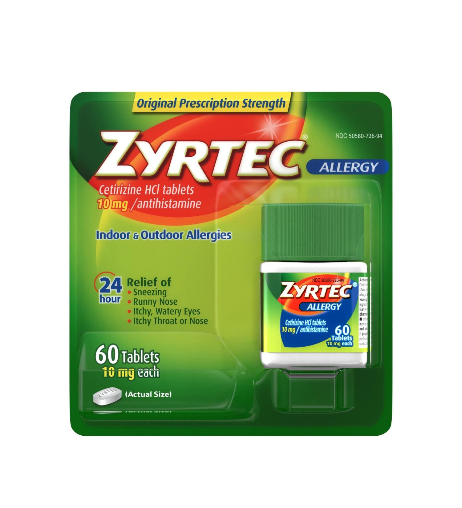 Zyrtec 24 Hour Allergy Relief Tablets 10mg - 60 Count Anti histamine Medicine - Buy Online on GoSupps.com