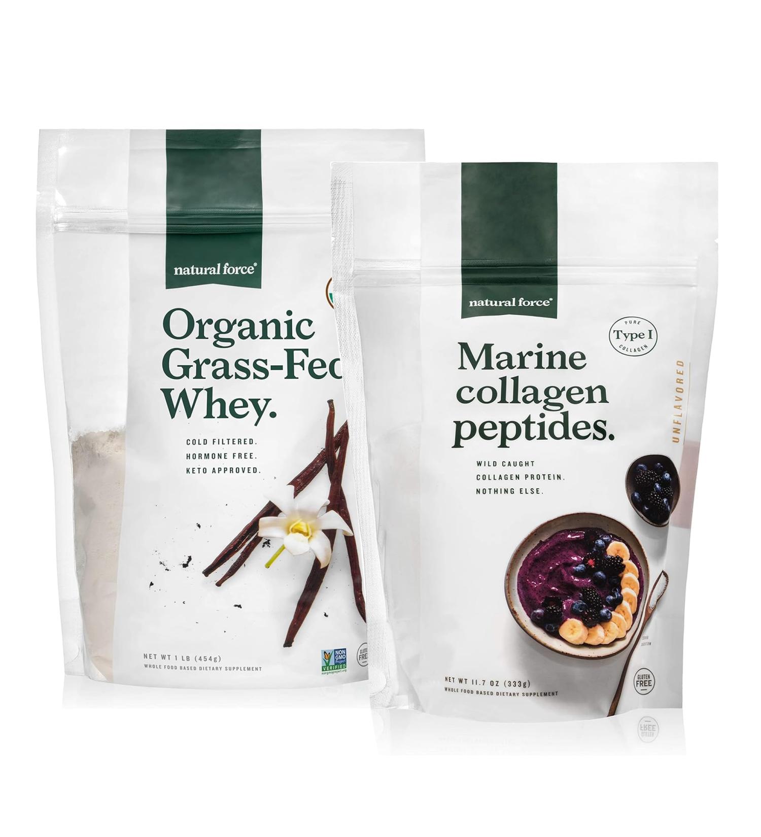 Natural Force Grass Fed Organic Whey Protein Powder Vanilla Flavor 16 oz Clean Marine Collagen Powder 11.7 oz - Buy Online on GoSupps.com