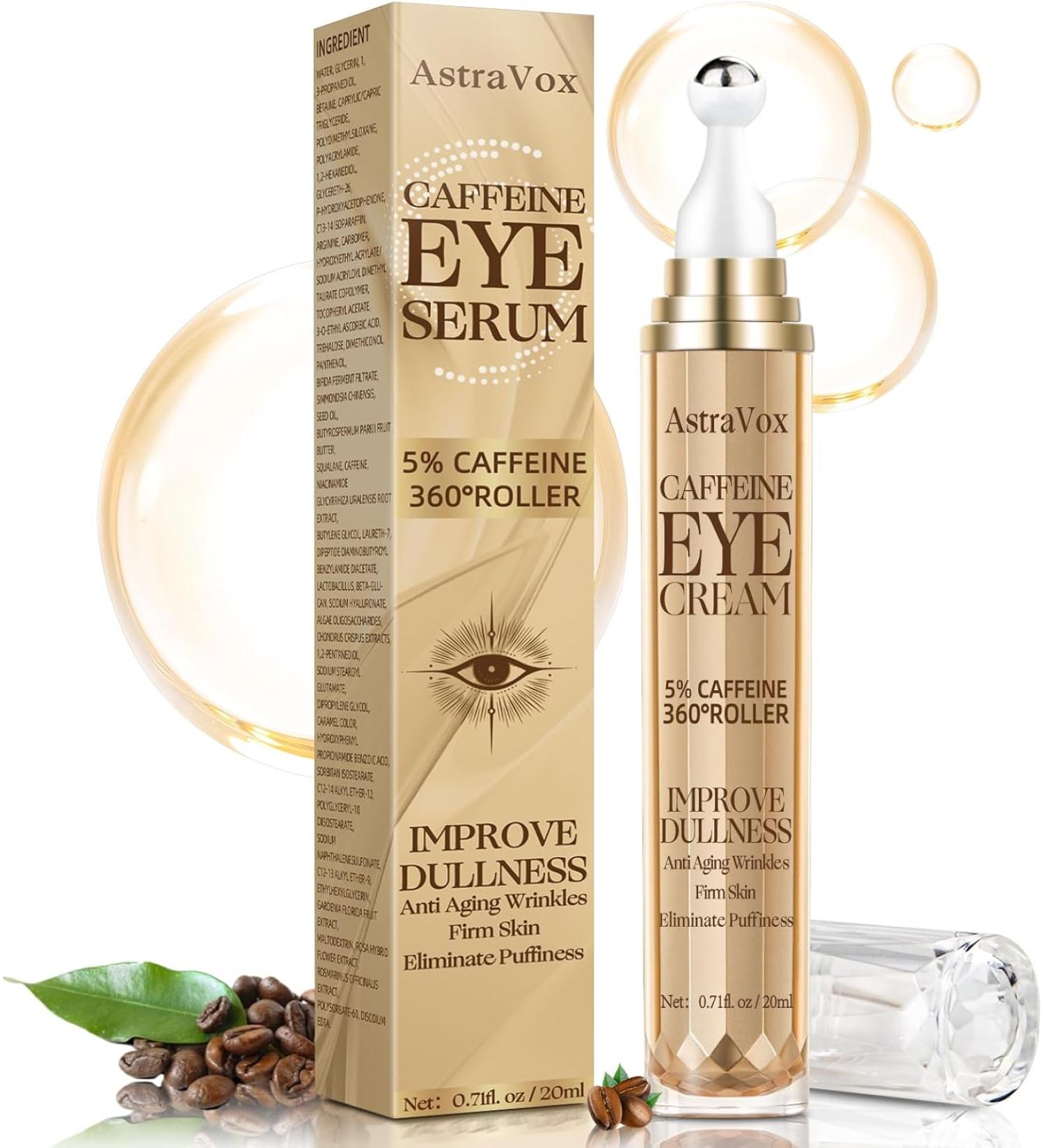AstraVox Caffeine Eye Cream Under Eye Cream for Dark Circles and Puffy Eyes Reduce Eye Bags and Anti Aging with 360°Massage Ball - 0.71 Oz - Buy Online on GoSupps.com