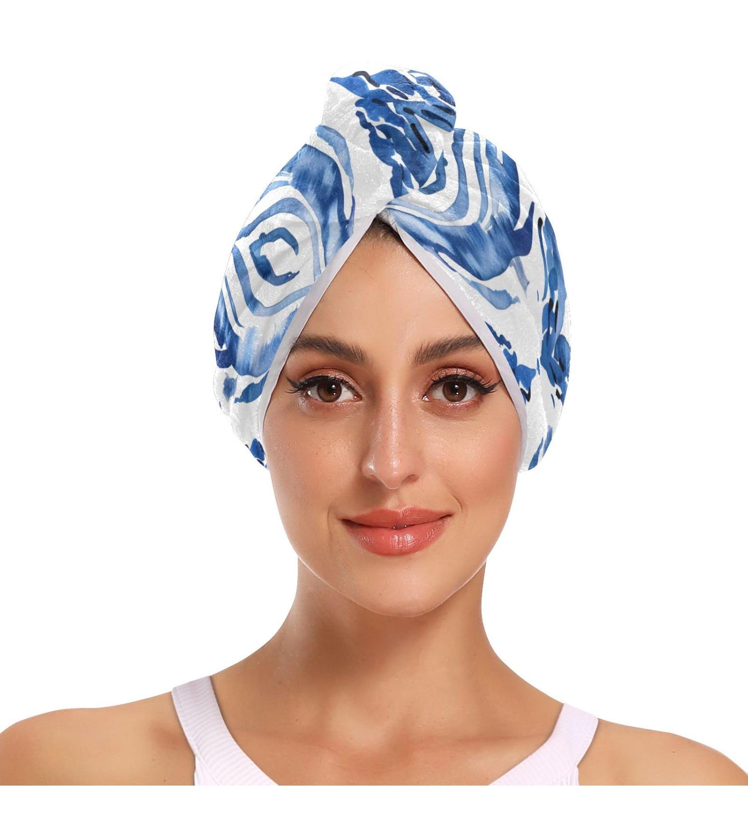 Shibori Waves Blue White Hair Towel 2 Pack | Super Absorbent Quick Dry Hair Turbans for Women & Girls - Buy Online on GoSupps.com