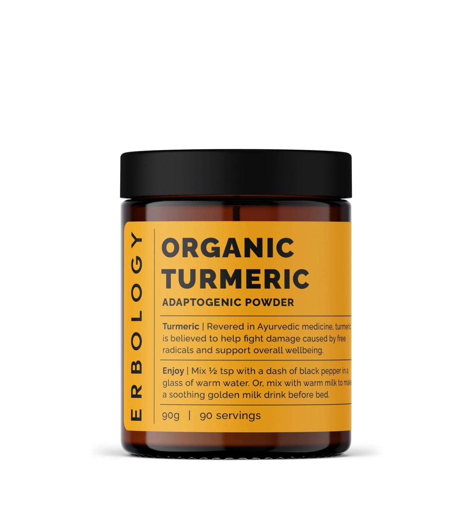 Erbology Organic Turmeric Powder 90g - 90 Servings - 5.5% Curcumin - No Additives or Preservatives - Sustainably Sourced Straight from Farm in India - Small Batch - Vegan - GMO-Free