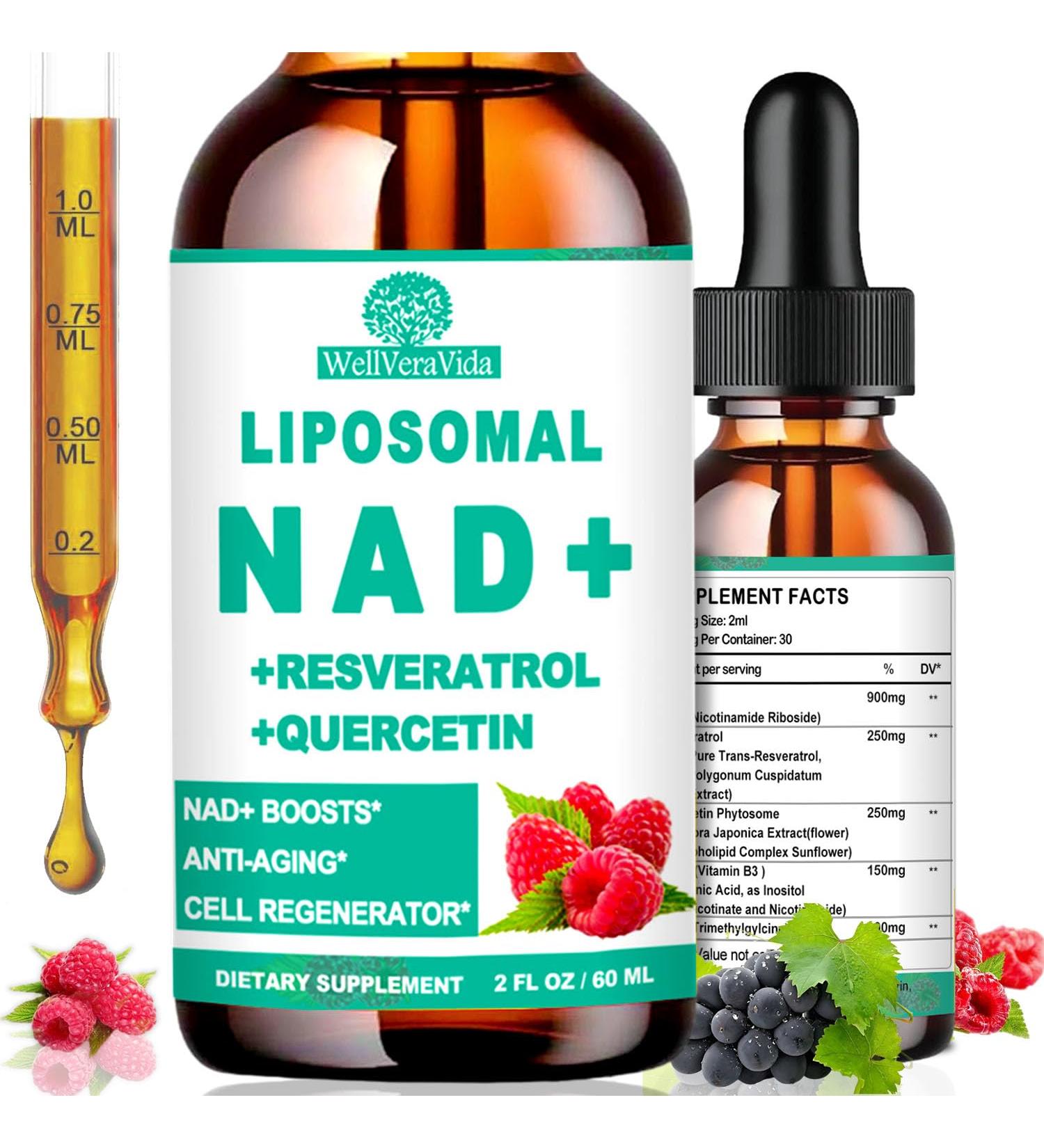 NAD Supplements for Women & Men Liposomal NAD Nicotinamide Riboside Resveratrol 900mg TMG Quercetin Vitamin B3 Organic Liquid NAD Resveratrol Supplement for Longevity Energy Anti-Aging Focus Raspberry 2 Fl Oz (Pack  - Buy Online on GoSupps.com