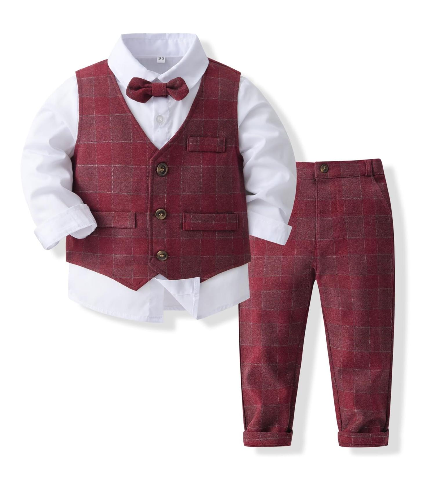 Volunboy Baby Boys Gentleman Suit 4 PCS Set | Toddler Formal Outfit with Waistcoat, Wedding Shirts, Vest, and Bow Tie | 4-5 Years | Red Plaid - Buy Online on GoSupps.com
