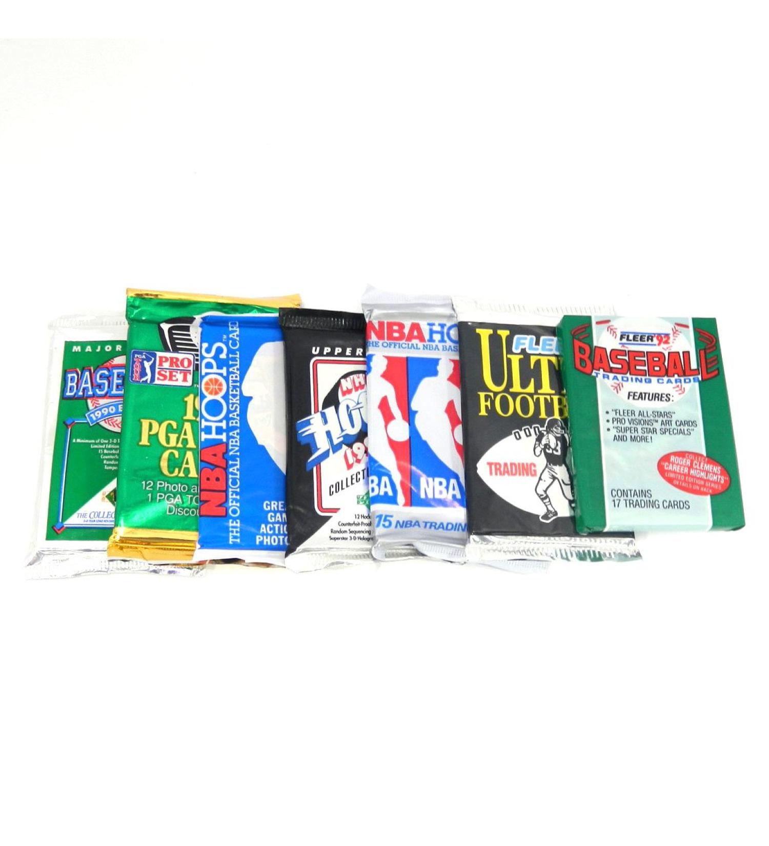 Vintage Multi-Sport Unopened Pack Lot Total of 100 Trading Cards Baseball Football Basketball Hockey Topps Upper Deck Hoops Pro Set