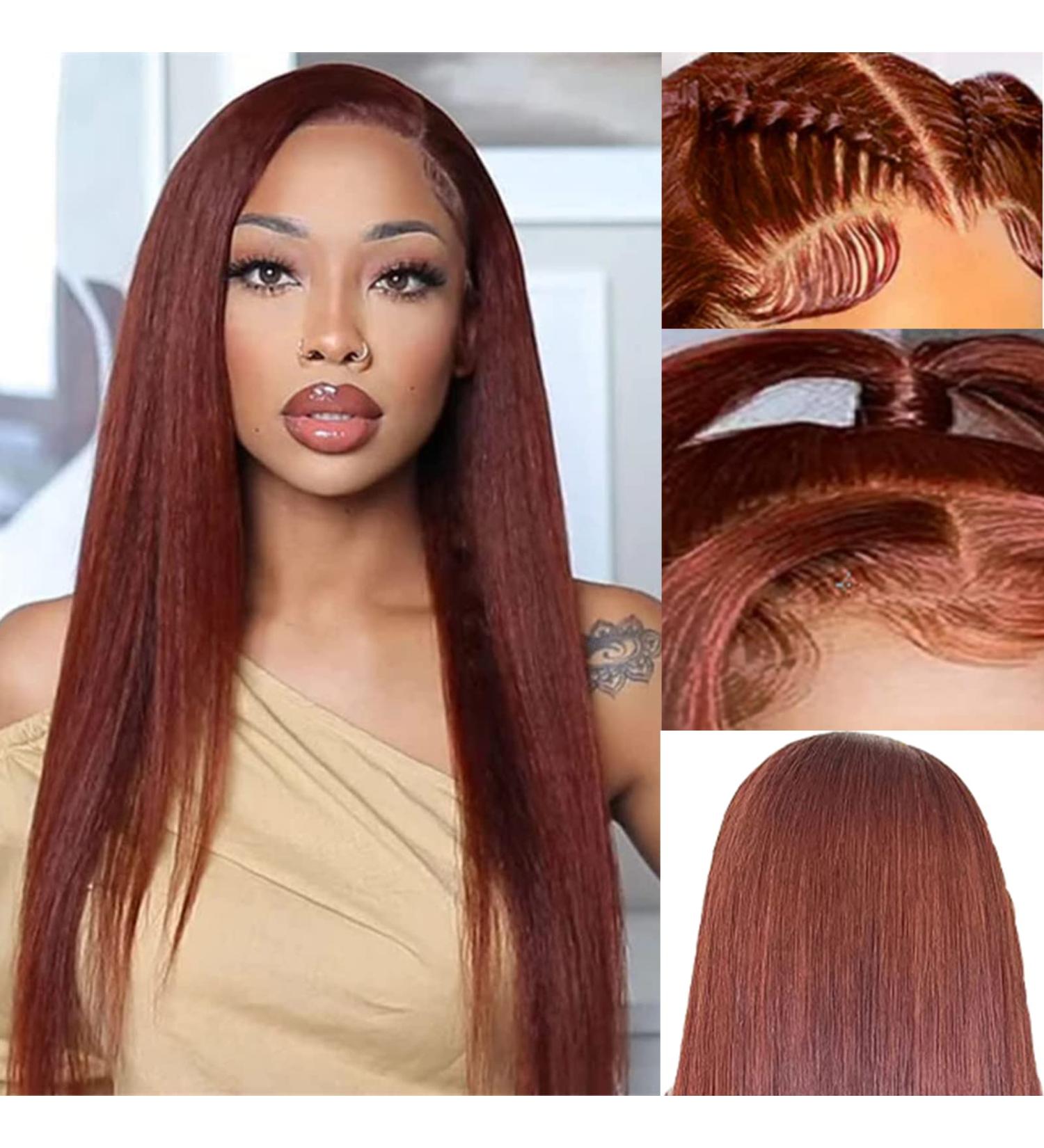 Reddish Brown 22 Inch HD Lace Front Human Hair Wig 180% Density with Baby Hair - Pre Colored Auburn Copper Red Bone Straight Glueless 13x6 Reddish Brown Lace Front Wig 33B - Buy Online on GoSupps.com