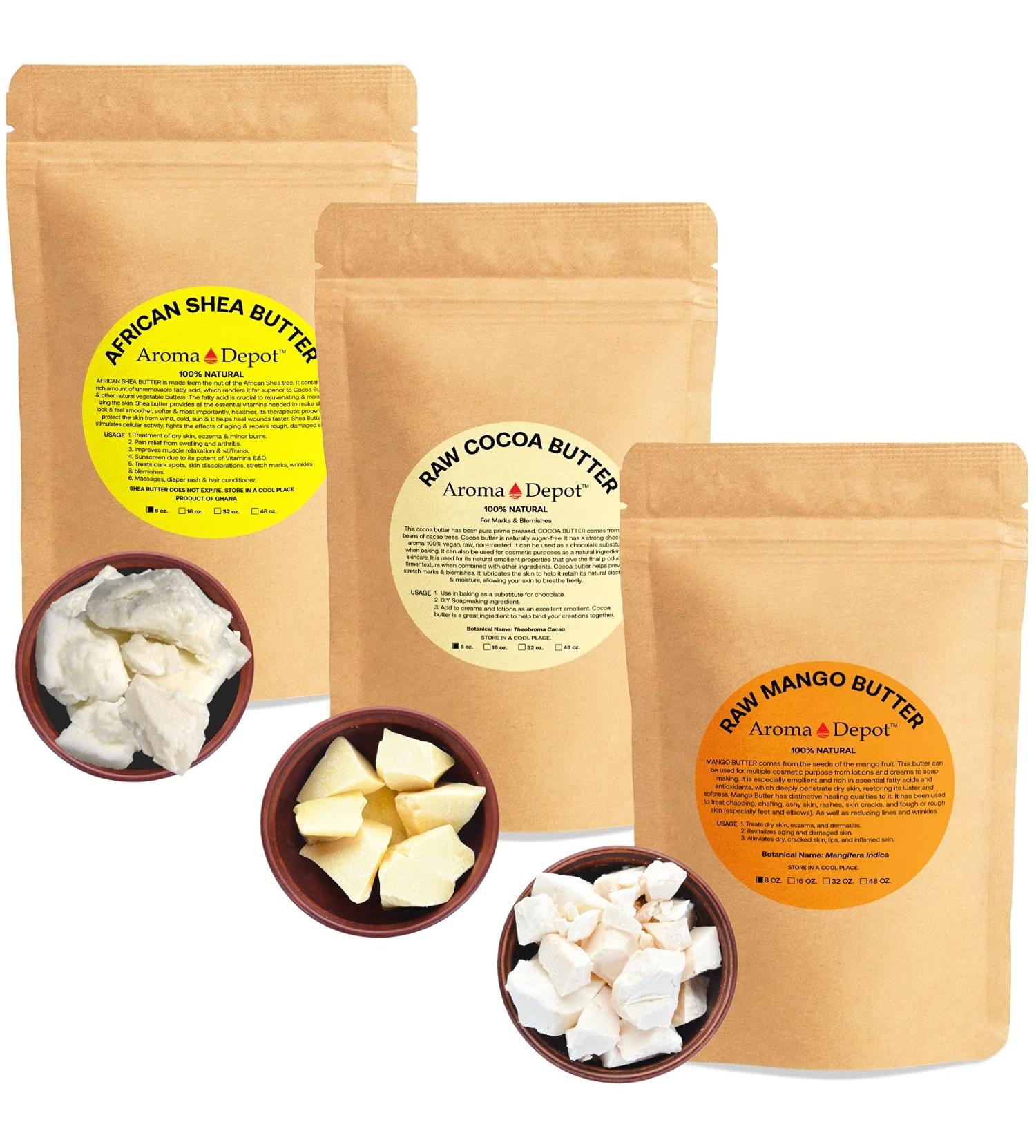 Aroma Depot Shea Mango & Cocoa Butter 8oz Bundle Pack - 100% Raw-Pure Unrefined | For all Skin Types | Ideal for DIY Body Butters, Soaps, Lotions, and Lip Balm | Amazing Moisturizers - Buy Online on GoSupps.com