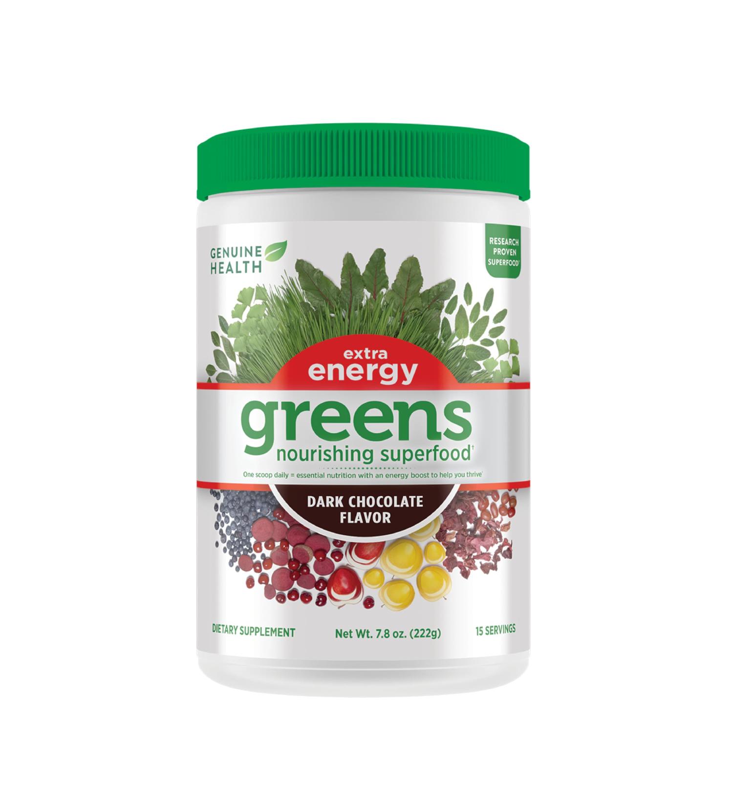 Genuine Health Greens + Extra Energy Superfood Powder Provides An Immediate Energy Boost & Supports Gut Health Dark Chocolate Flavor 15 Servings - Buy Online on GoSupps.com