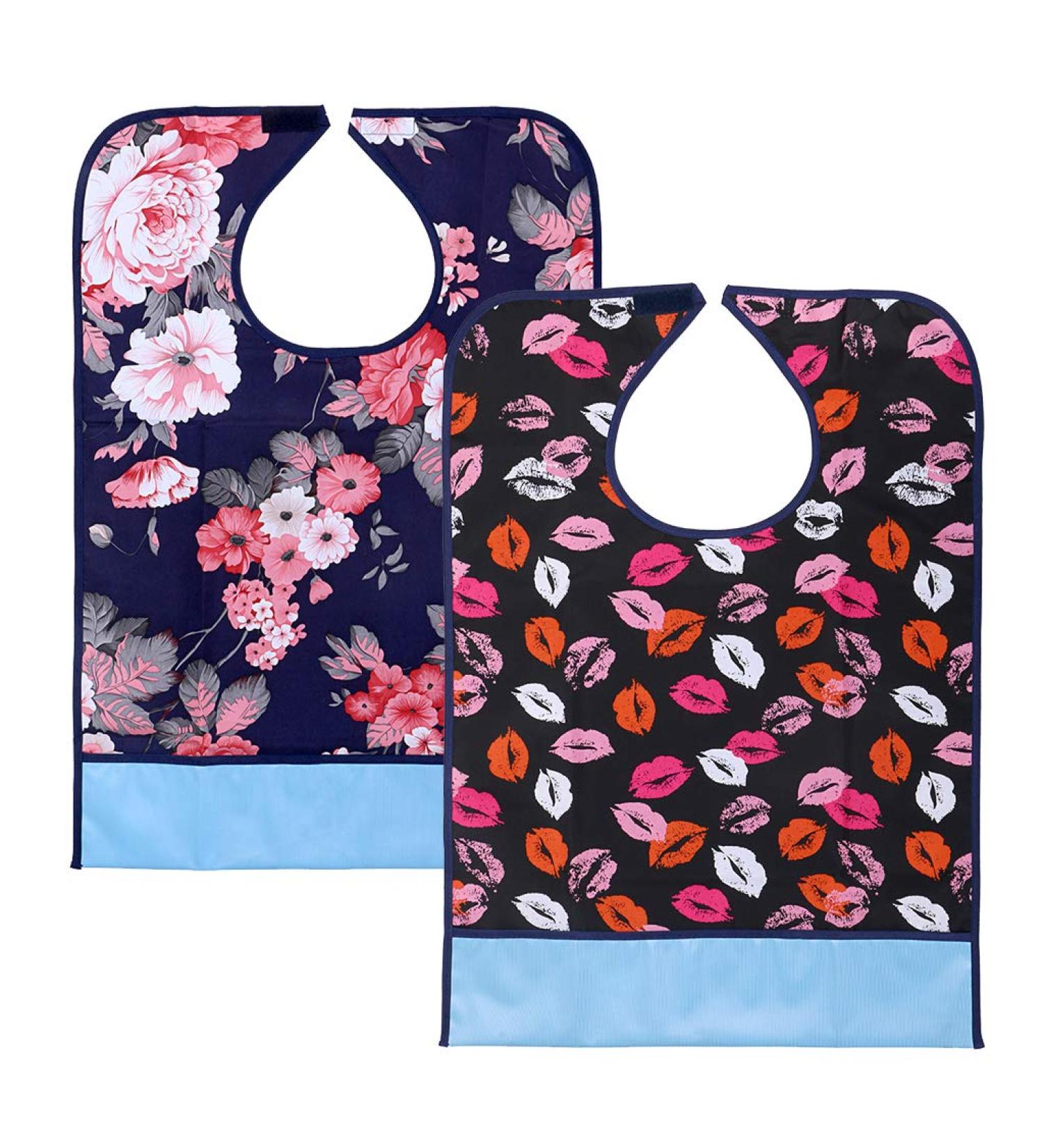 BTSKY Waterproof Reusable Adult Bibs - Set of 2, with Crumb Catcher, Ideal Mealtime Protector, Easy to Wash - Flower and Lip Design - Buy Online on GoSupps.com