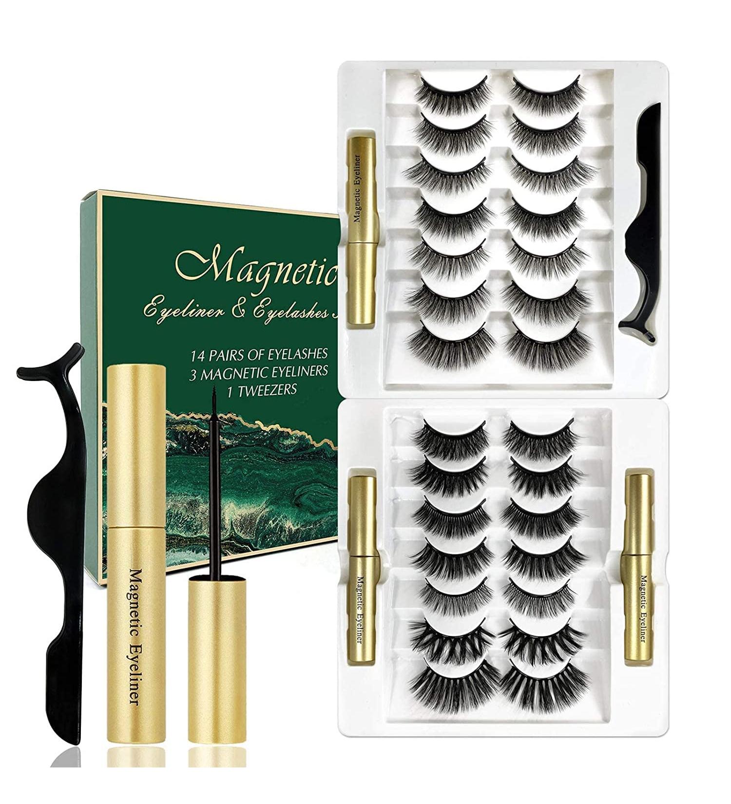 Rechoo Magnetic Eyelashes Kit - 14 Pairs Long & Thick False Eyelashes with Magnetic Eyeliner - Reusable 3D Natural Lashes - Includes Applicator & Tweezers - Buy Online on GoSupps.com