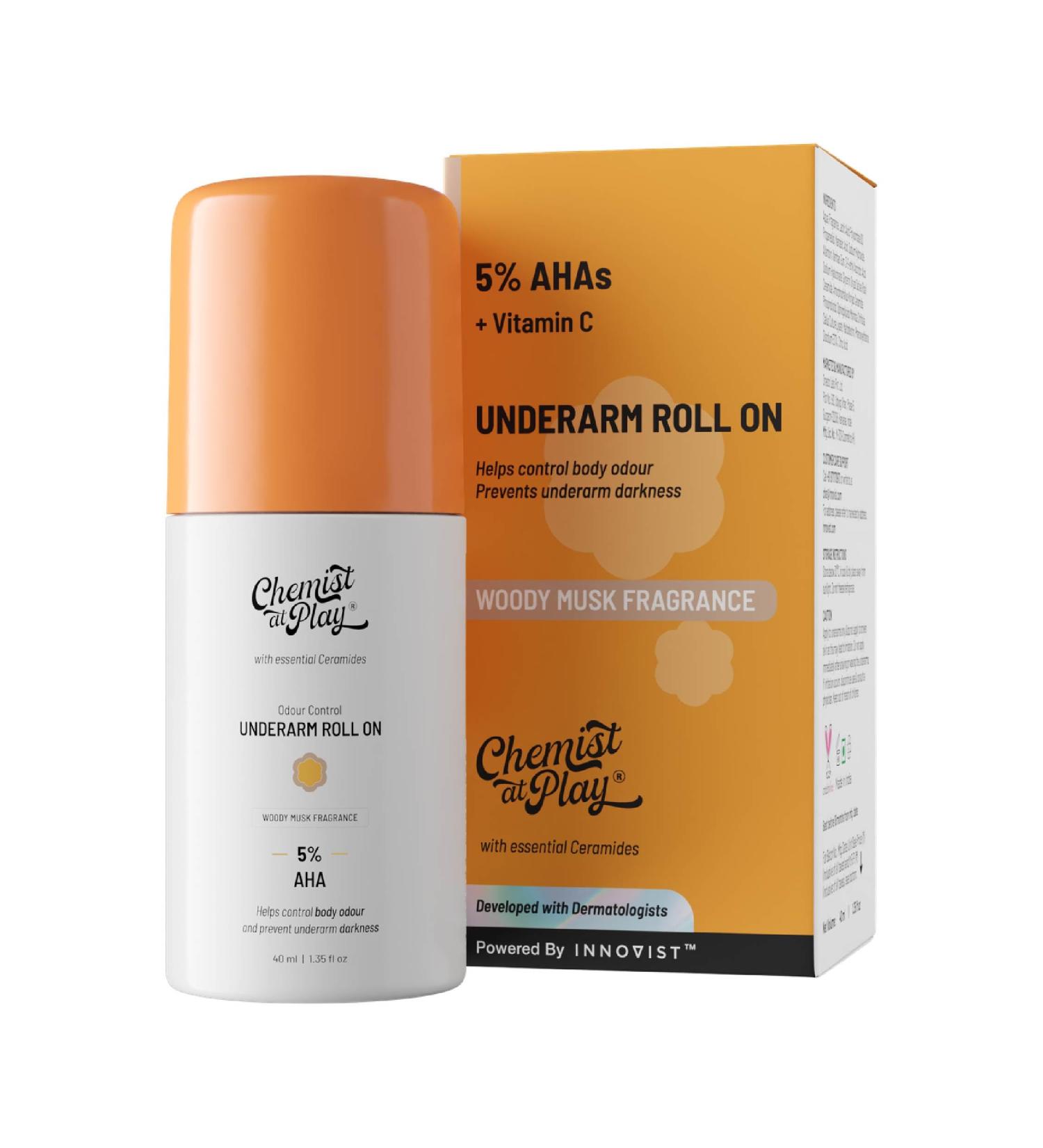 UnderArm Roll-On with 5% AHA Lactic Acid & 1% Mandelic Acid | Prevents Body Odour Brightens Skin & Exfoliates Underarm | For Sensitive Skin | Woody Musk Fragrance | 40ml 1.4 Fl Oz (Pack of 1) Woody Musk - Buy Online on GoSupps.com