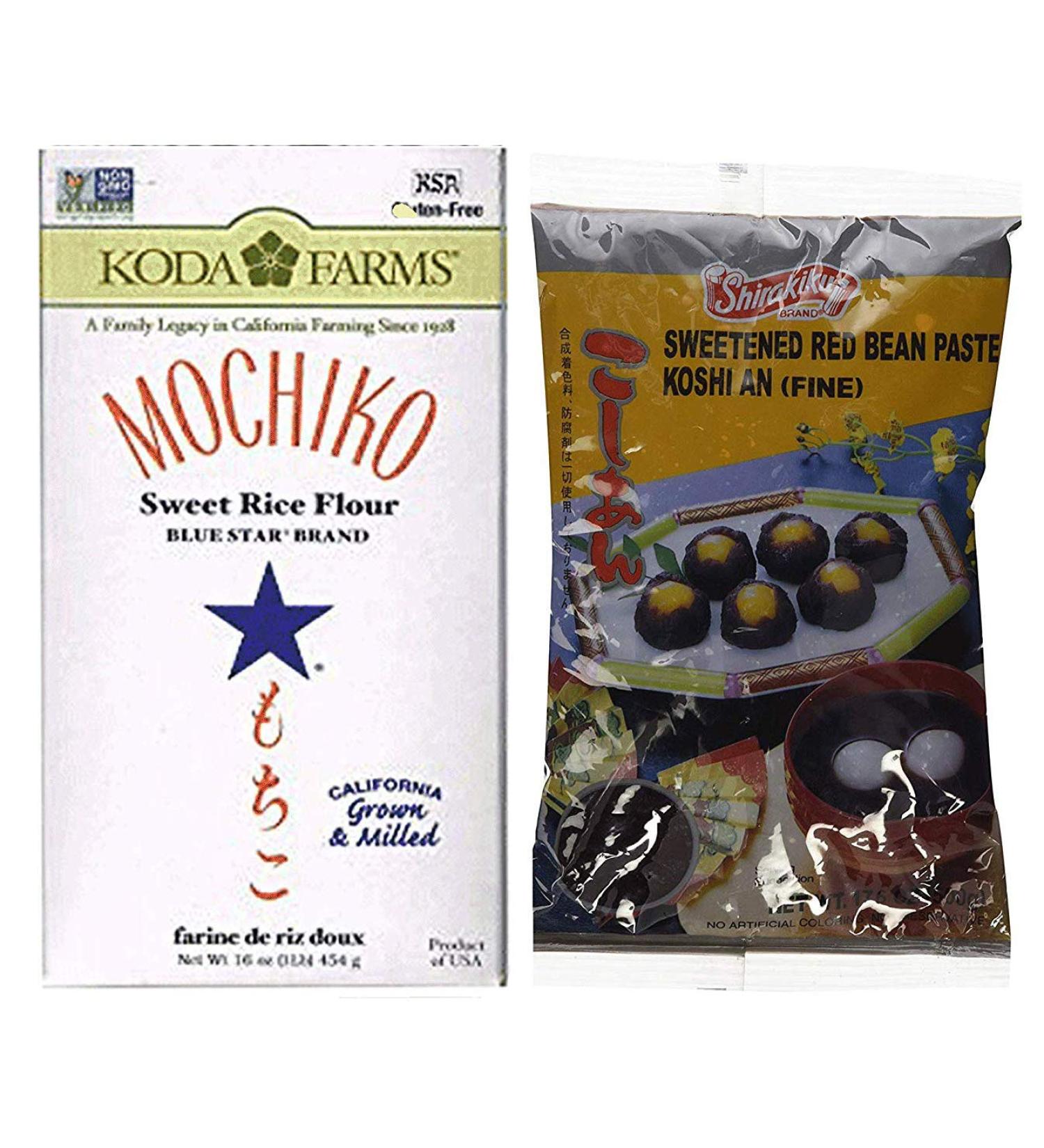 Sweet Rice Flour and Koshi An (Fine Sweetened Red Bean Paste) DIY Mochi (2 Item Bundle) 1 box of Mochiko Sweet Rice Flour 1 lb & 1 bag of Shirakiku Bean Paste 1.1 lbs
