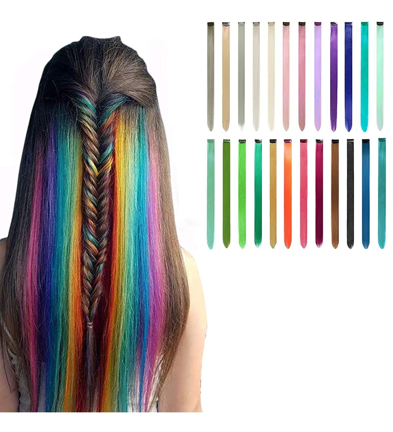 Rainbow Clip-In Hair Extensions - 21 Inch Multi-Colored Heat-Resistant Synthetic Hair for Cosplay & Fashion - Buy Online on GoSupps.com