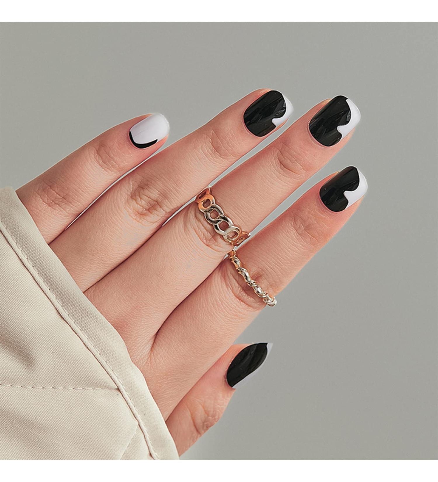 24pcs Short False Nails Black White Stick on Press on Removable Glue-on Fake Nails Nail Art Accessories - Buy Online on GoSupps.com
