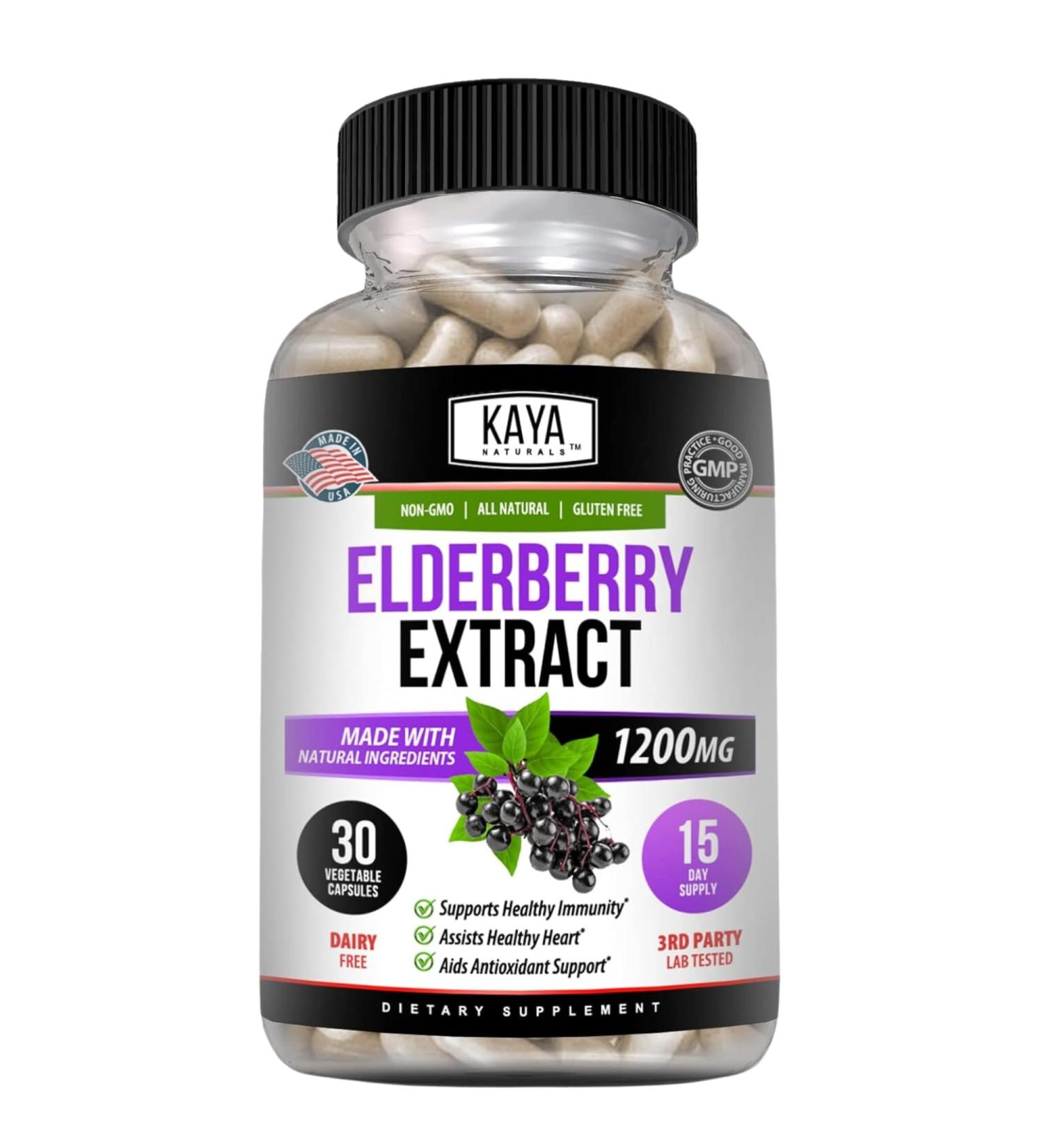 Kaya Naturals Elderberry Immune Support - Elderberry Extract Rich Antioxidant Premium Vitamins 1200mg Immune System Booster Sambucus Capsules - 30 Count 30 Count (Pack of 1) - Buy Online on GoSupps.com