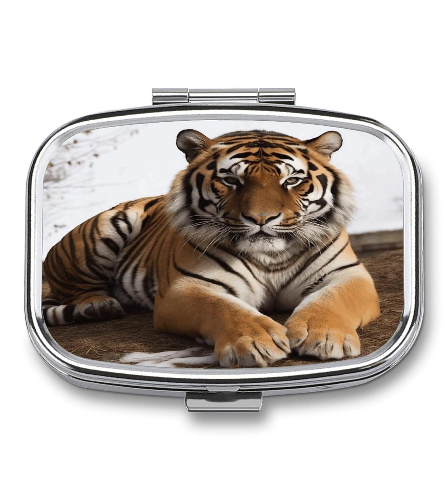 Big Tiger Print Pill Box - 2 Compartment Decorative Metal Organizer for Medicine - Portable Pocket & Purse Size - Buy Online on GoSupps.com