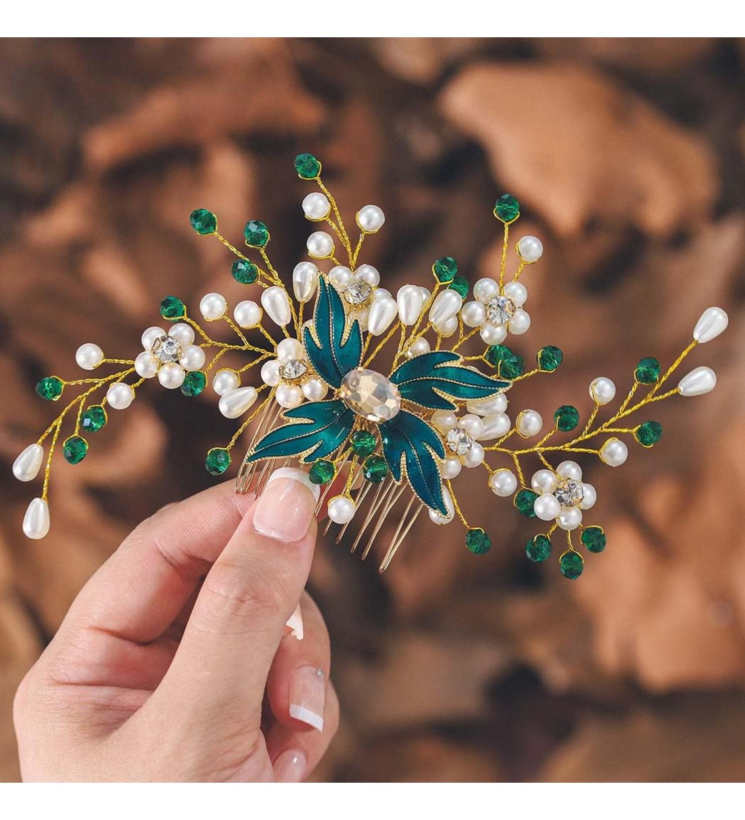 IYOU Pearl Bridal Hair Comb Green Crystal Wedding Side Combs Leaf Headpiece Prom Guest Bride Hair Accessories for Women - Buy Online on GoSupps.com