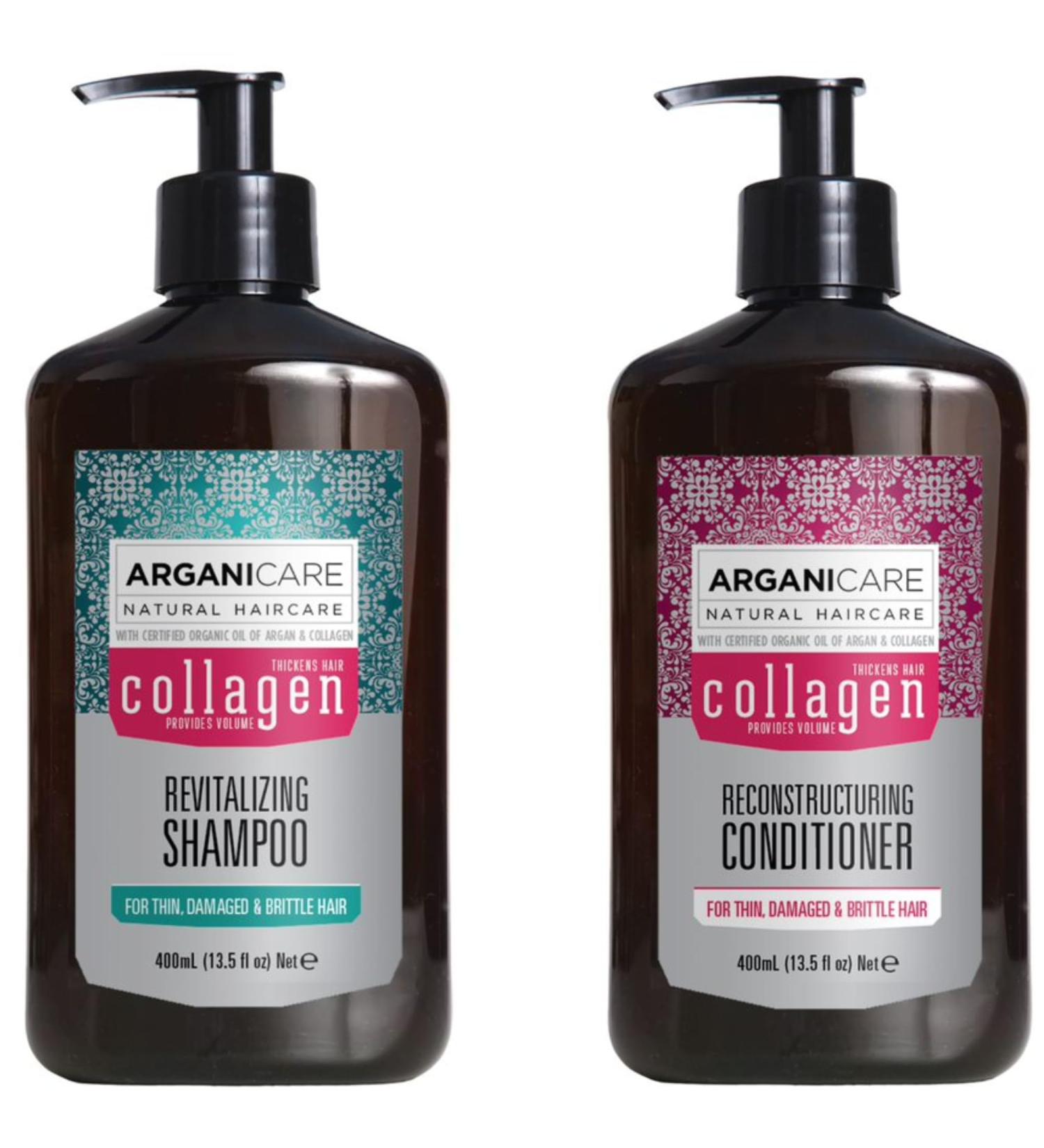 Arganicare | Shampoo + Conditioner Duo | With Collagen | Cleans & Maintains Natural Moisture Levels | Gives Volume to your hair | All hair types | 1x400 ML+ 1x400mL - Buy Online on GoSupps.com