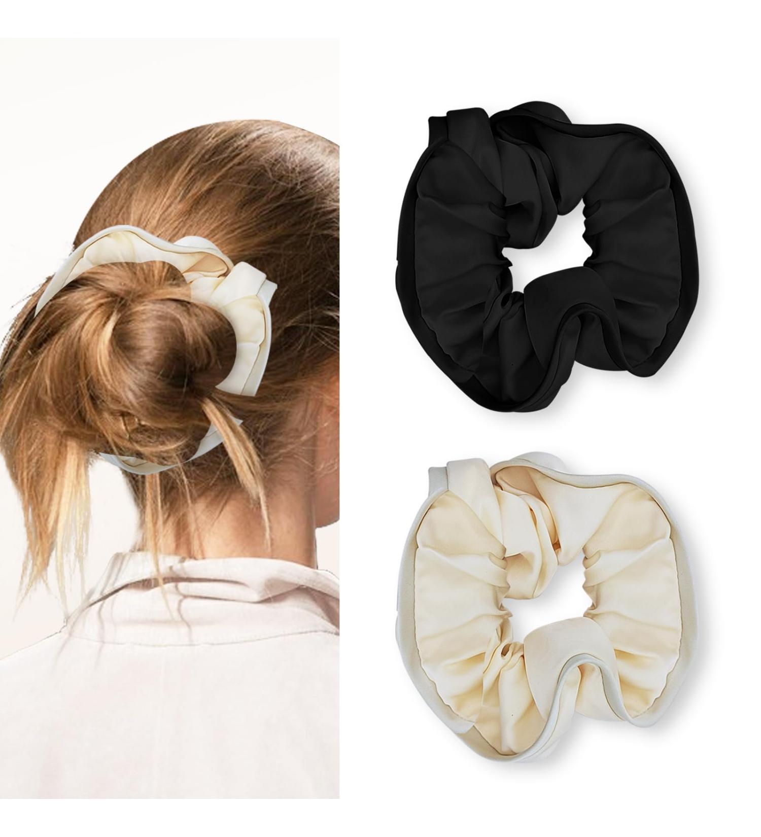 LuckyOpt Hair Scrunchies 2Pc Satin Silk Hair Ties No Dents Silky Hair Scrunchies for Women to Reduce Scalp Pulling & Hair Entangling Ponytail Holder Curly Thick Fine Hair (Beige+Black) - Buy Online on GoSupps.com