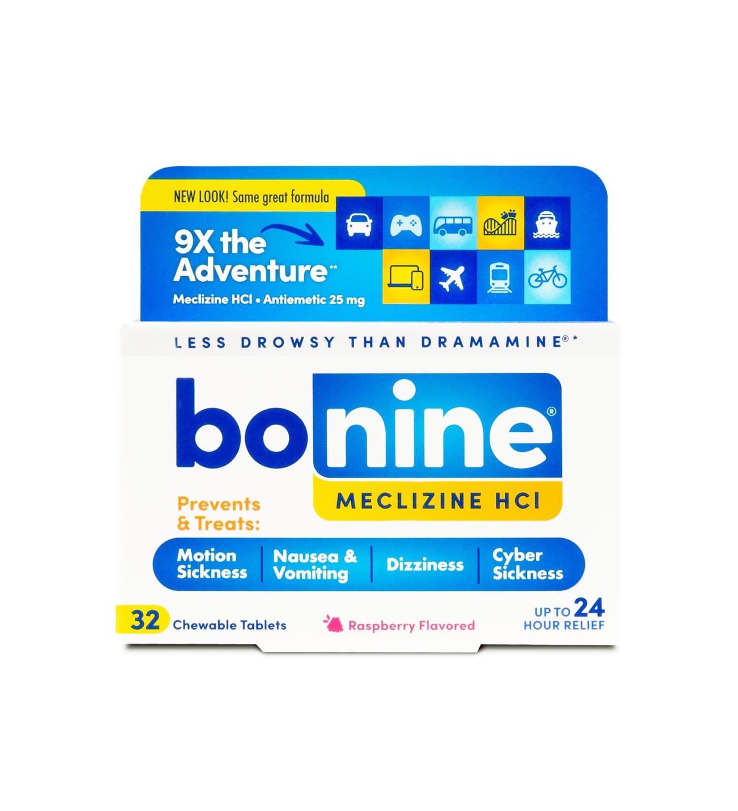 Bonine Non-Drowsy Motion Sickness Relief - Chewable Tablets (Meclizine HCL 25mg) for Nausea & Motion Sickness - Raspberry Flavor - 32 Tablets - Essential for Travel - Buy Online on GoSupps.com