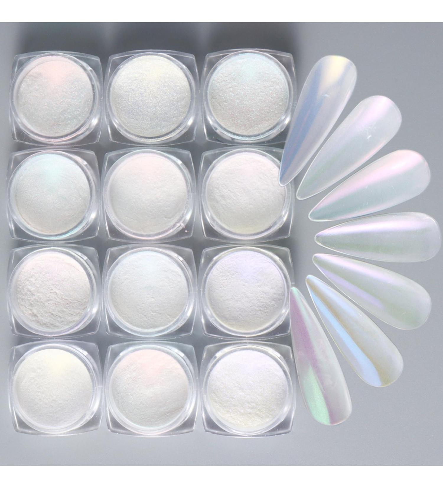 12 Colors White Pearl Chrome Nail Powder - Metallic Mirror Glitter for Stunning Nail Art | Aurora Shimmer Pigment Set - Buy Online on GoSupps.com