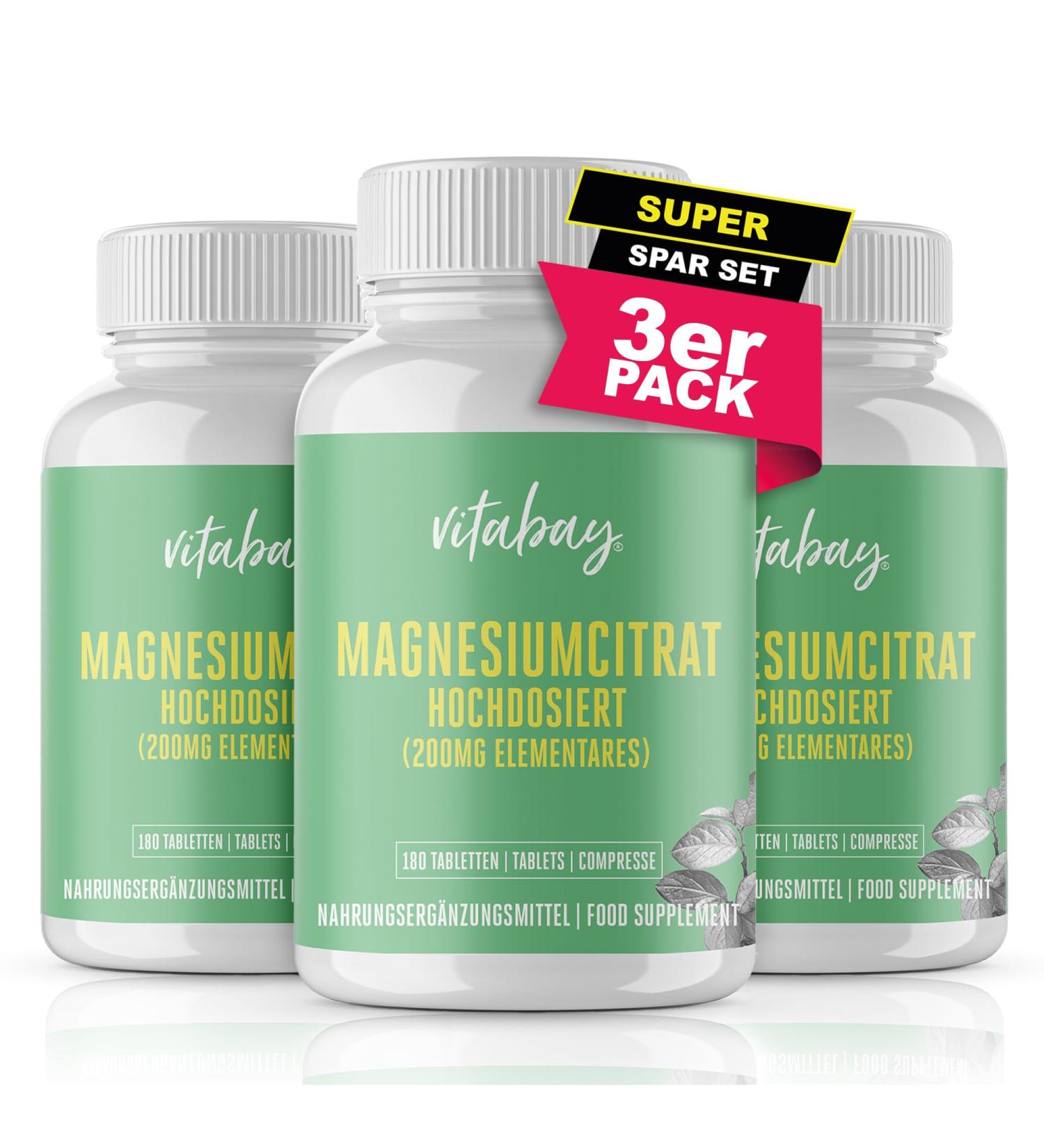 Vitabay Magnesium Citrate Tablets - Vegan High-Dose 540 pcs (3 Set) - 1278 mg Magnesium Citrate - Laboratory Tested 180 Capsules Per Pack - Buy Online on GoSupps.com