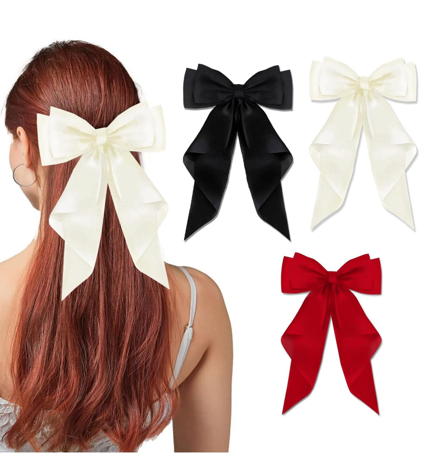 FEXPDL Bow Hair Clip 3 Pcs Black Hair Bows for Women White Bow For Hair Red Bow Clips with Long Silky Satin Hair Slides Solid Color Bowknot Hairpin Hair Barrettes Scrunchies(Black white Red) Black+White+red - Buy Online on GoSupps.com