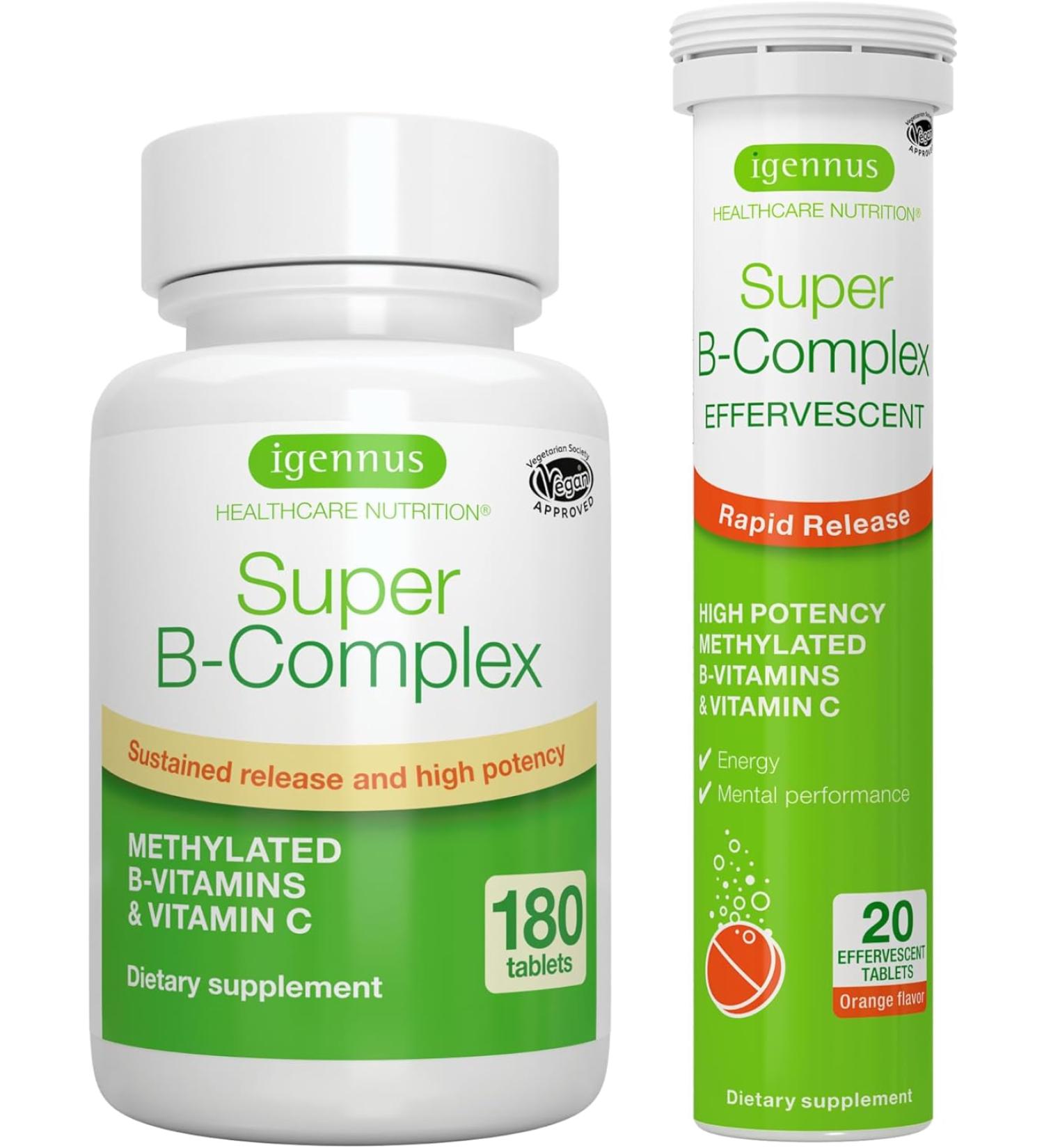 Super B-Complex & Effervescent Bundle for Fast Energy - 180 Sustained-Release Tablets + 20 Orange Flavor Effervescent Tablets | Igennus - Buy Online on GoSupps.com