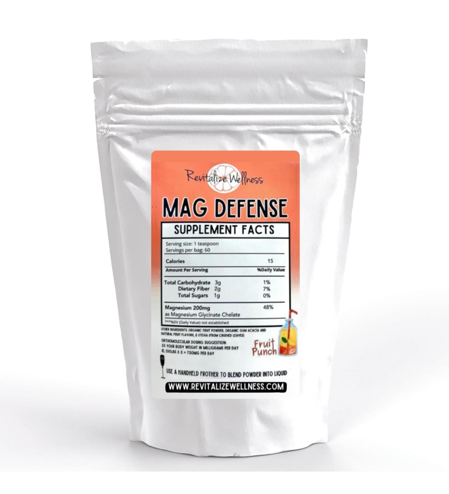 Revitalize Wellness Mag Defense Powder | Orthomolecular Dose of Magnesium 200 mg as Magnesium Glycinate Chelate | Pure, Corn Free, & GMO-Free | Fruit Punch Flavor | 60 Servings - Buy Online on GoSupps.com