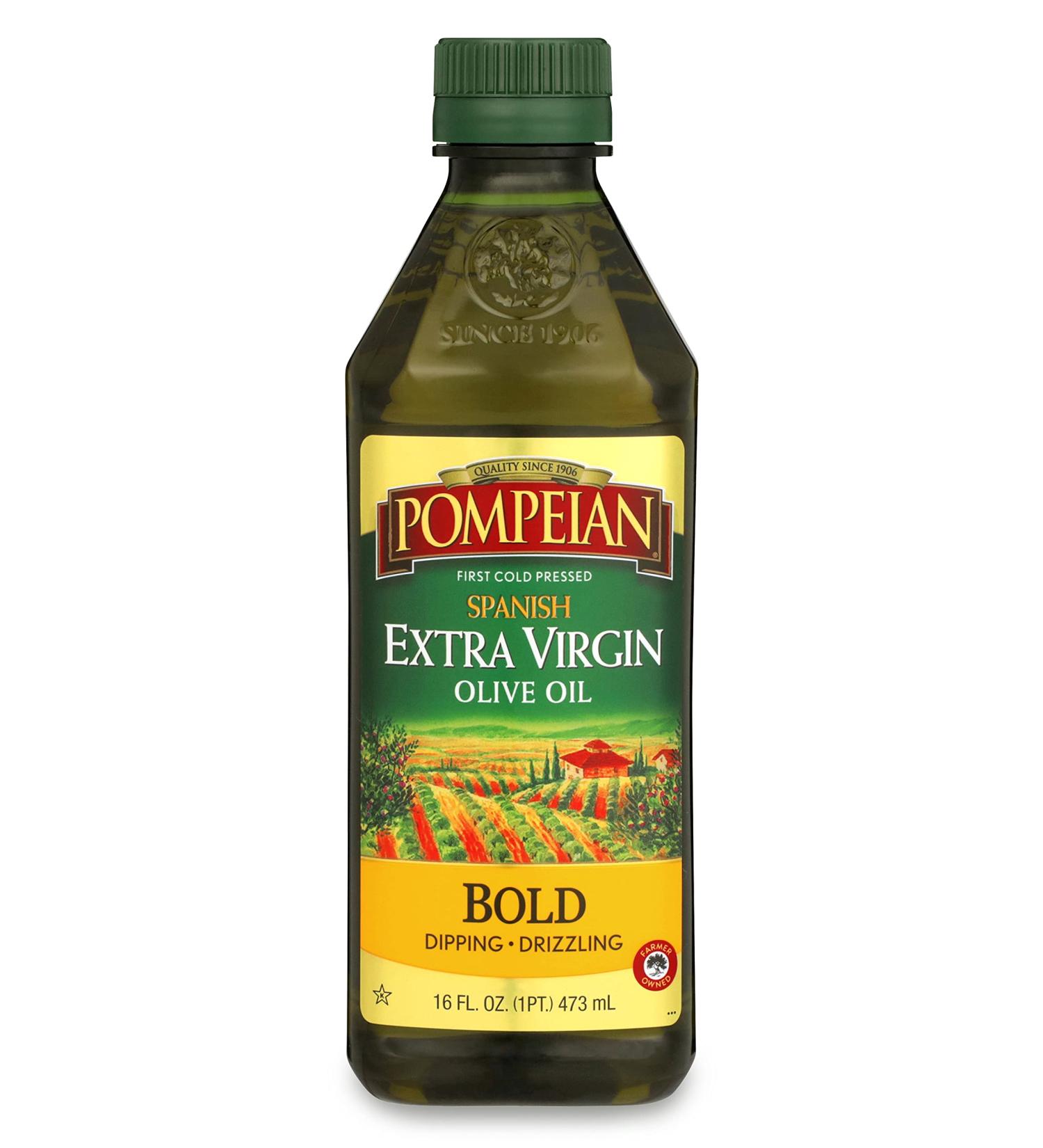 Pompeian Spanish Bold Extra Virgin Olive Oil 16 Fl Oz - First Cold Pressed with Strong Fruity Flavor - Ideal for Dipping and Drizzling - Buy Online on GoSupps.com
