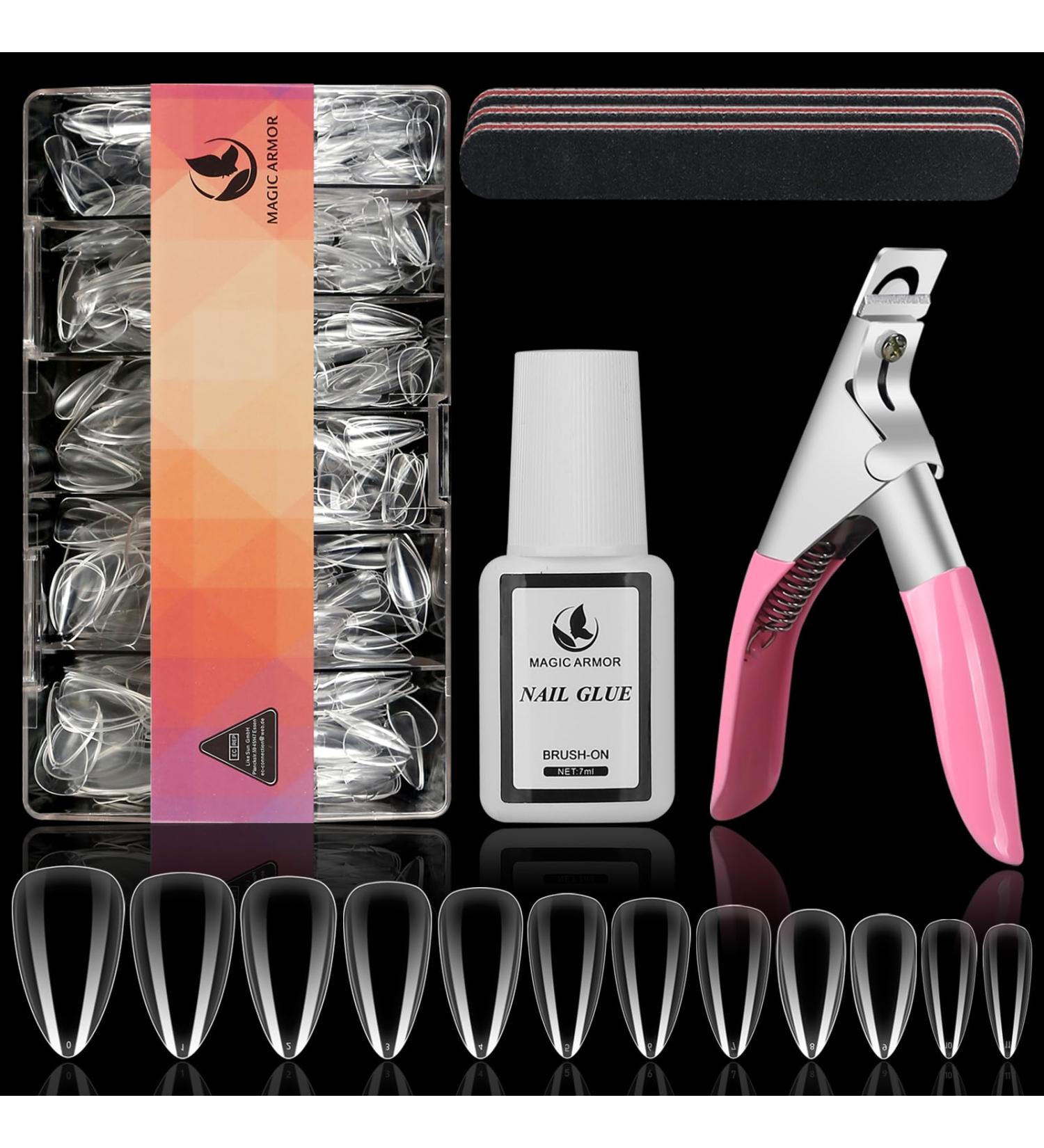Magic Armor 504Pcs Clear Almond Nail Tips - Soft Gel Full Cover Acrylic Nails 12 Sizes Includes Nail Glue Files & Clippers - International Shipping Available - Buy Online on GoSupps.com