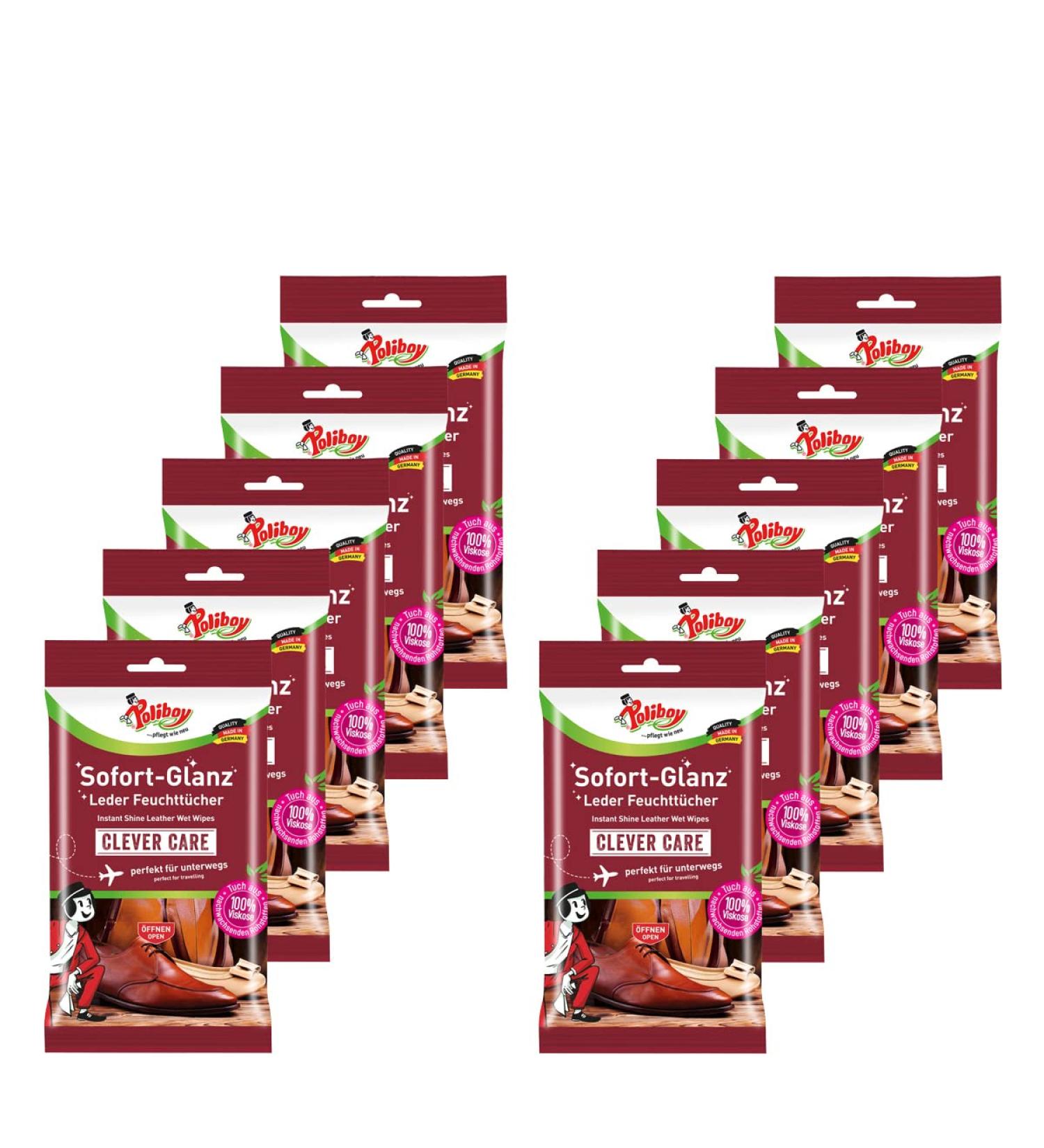 Poliboy Instant Gloss Leather Wet Wipes On-the-Go Cleaning Towels for Shoes & Bags Made in Germany 10 Pack - Buy Online on GoSupps.com