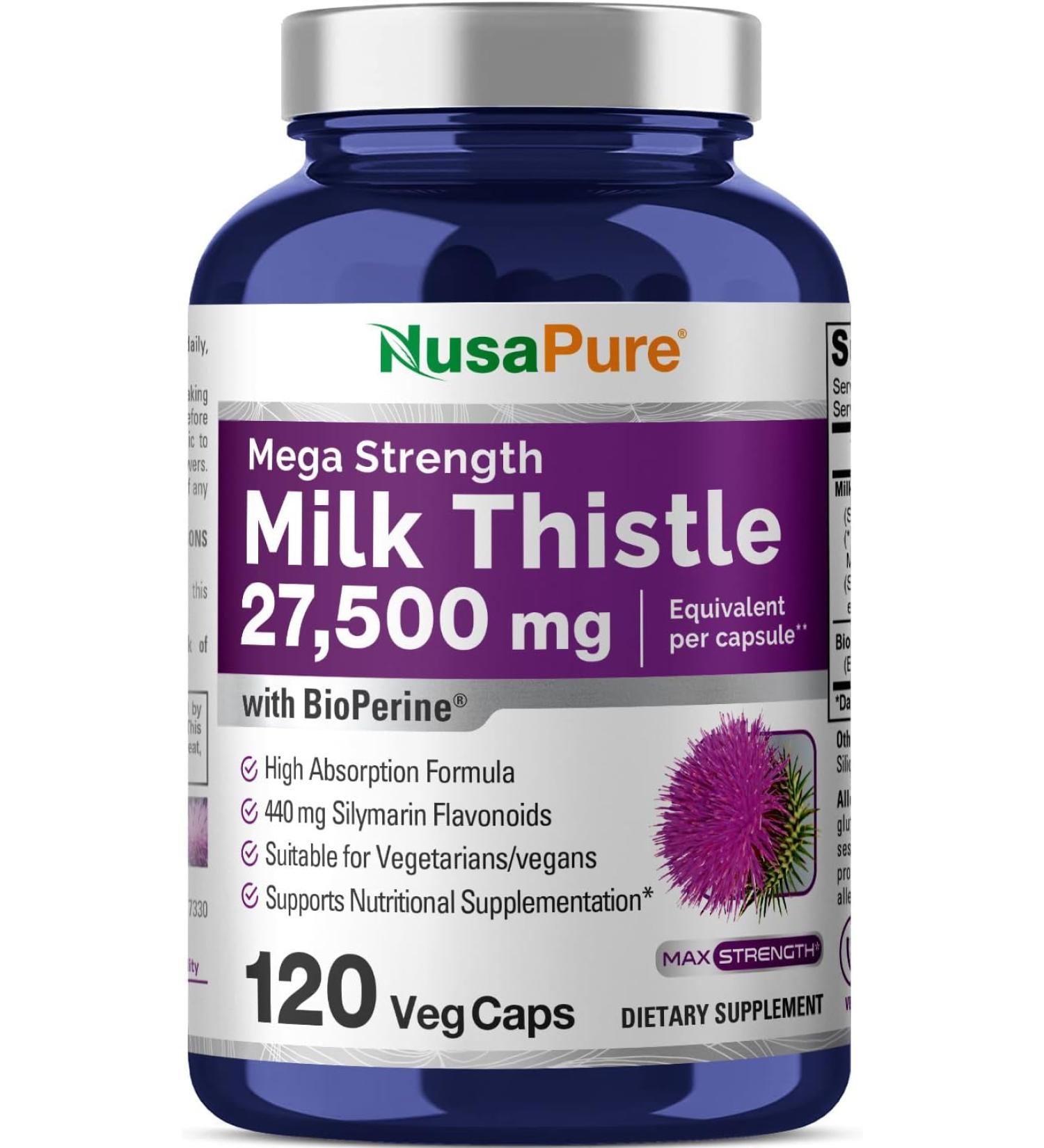 NusaPure Milk Thistle Extract 12500mg - 200 Veggie Capsules | Max Strength 80% Silymarin | Non-GMO, Gluten-Free, Vegetarian Organic Formula - Buy Online on GoSupps.com