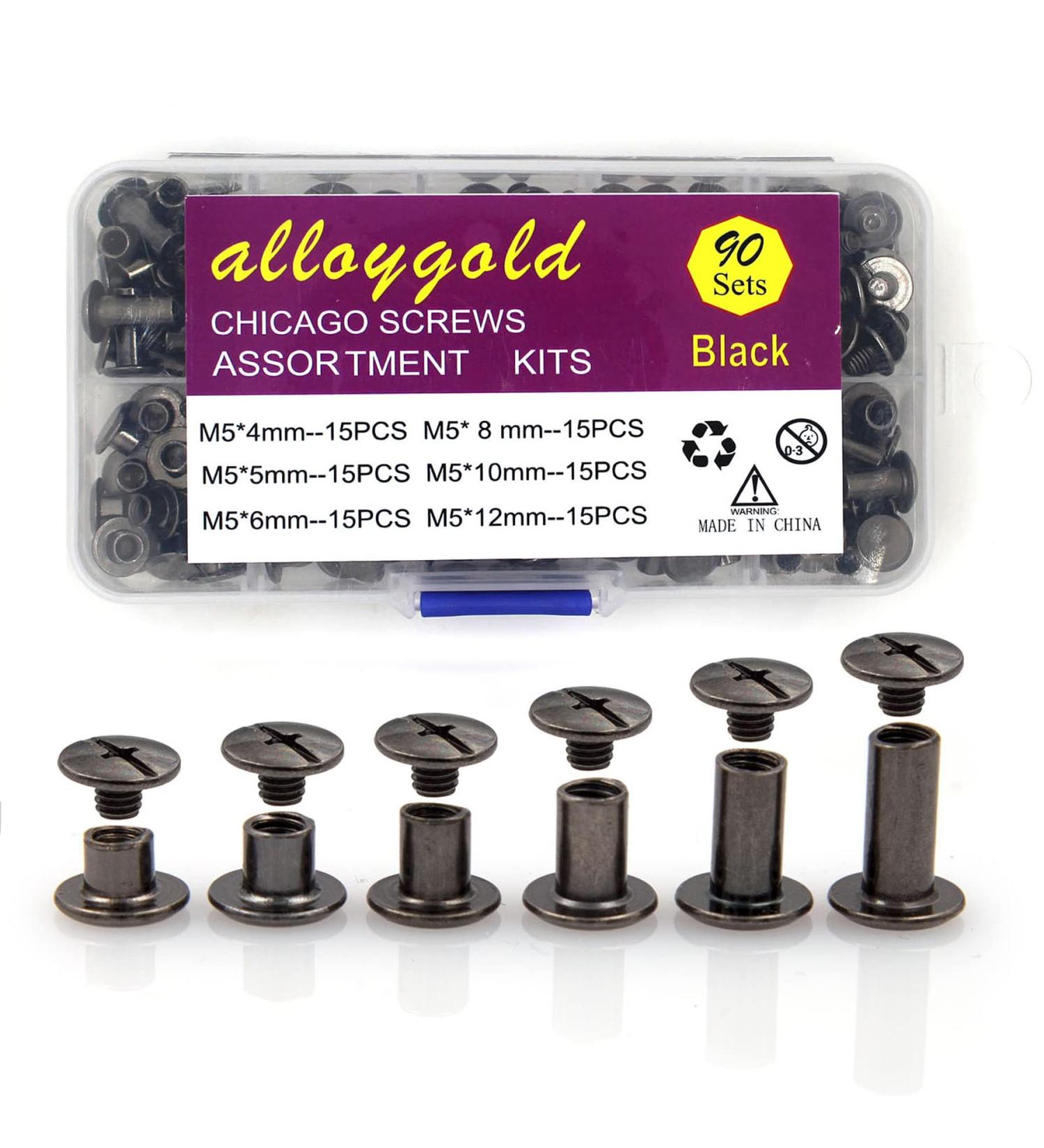 90 Sets Black Chicago Screw Leather Assorted Kit - 6 Sizes for DIY Leather Craft and Bookbinding | M5 X 4 5 6 8 10 12 | Gun Black Rivets - Buy Online on GoSupps.com