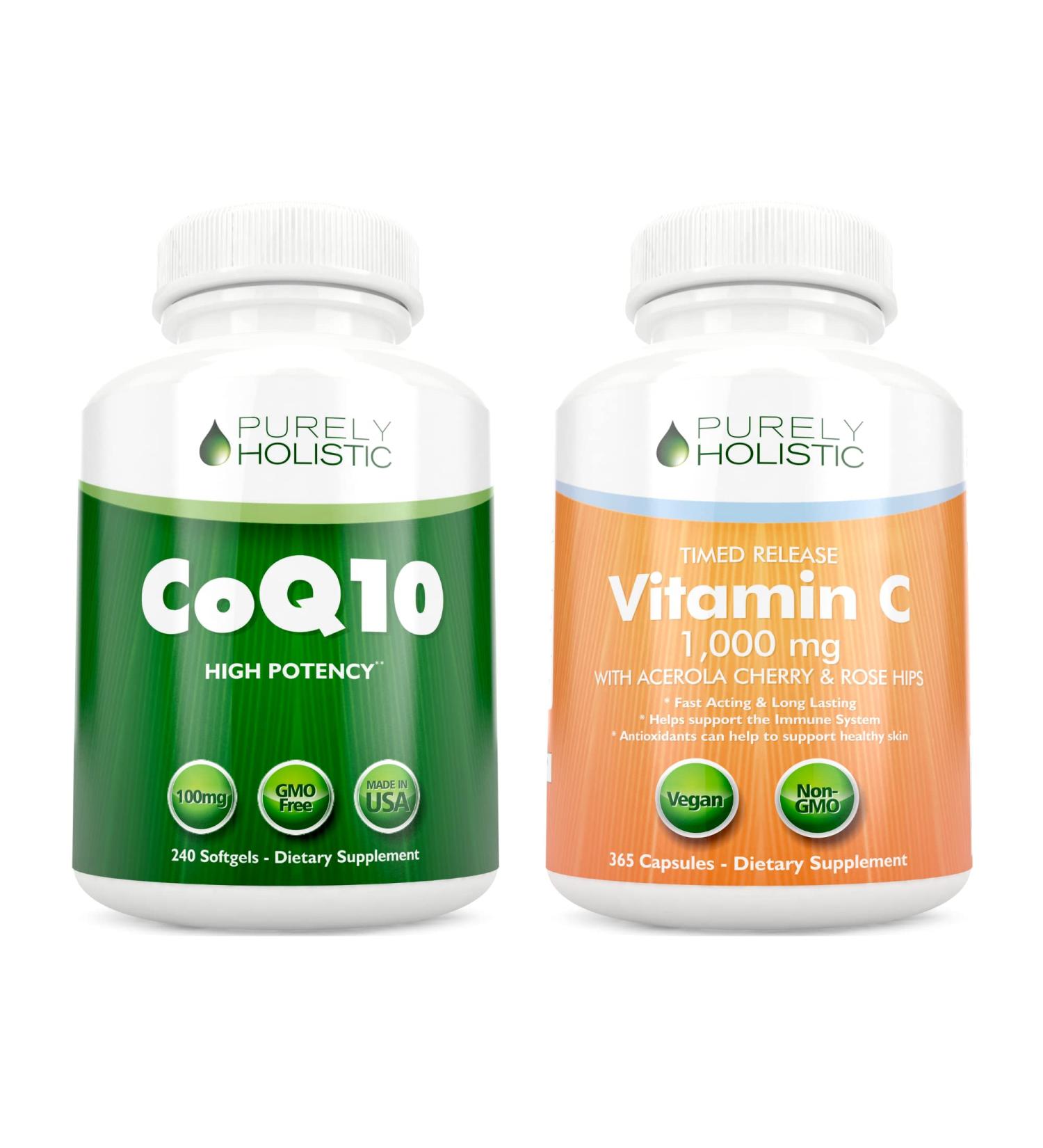 Purely Holistic CoQ10 100mg + Vitamin C 1000mg with Rosehip & Acerola Cherry Bioflavonoid - 120 Softgels & 365 Capsules Bundle - Made in USA - Buy Online on GoSupps.com