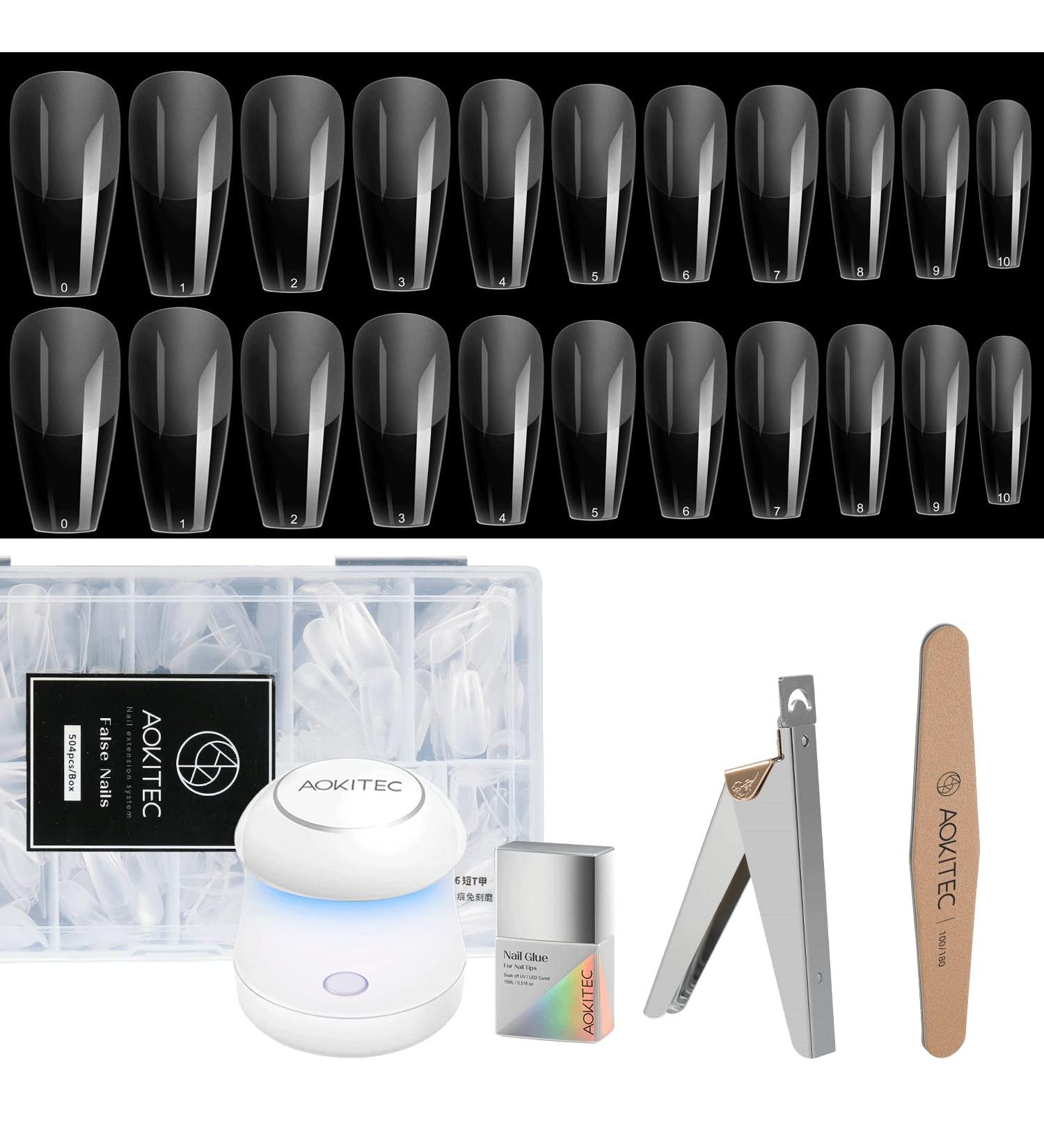 Aokitec 4-in-1 Fake Nail Tips Gel Kit with UV LED Lamp - 504 Coffin Nails, Glue, Clipper, File | Nail Art DIY Set - Buy Online on GoSupps.com