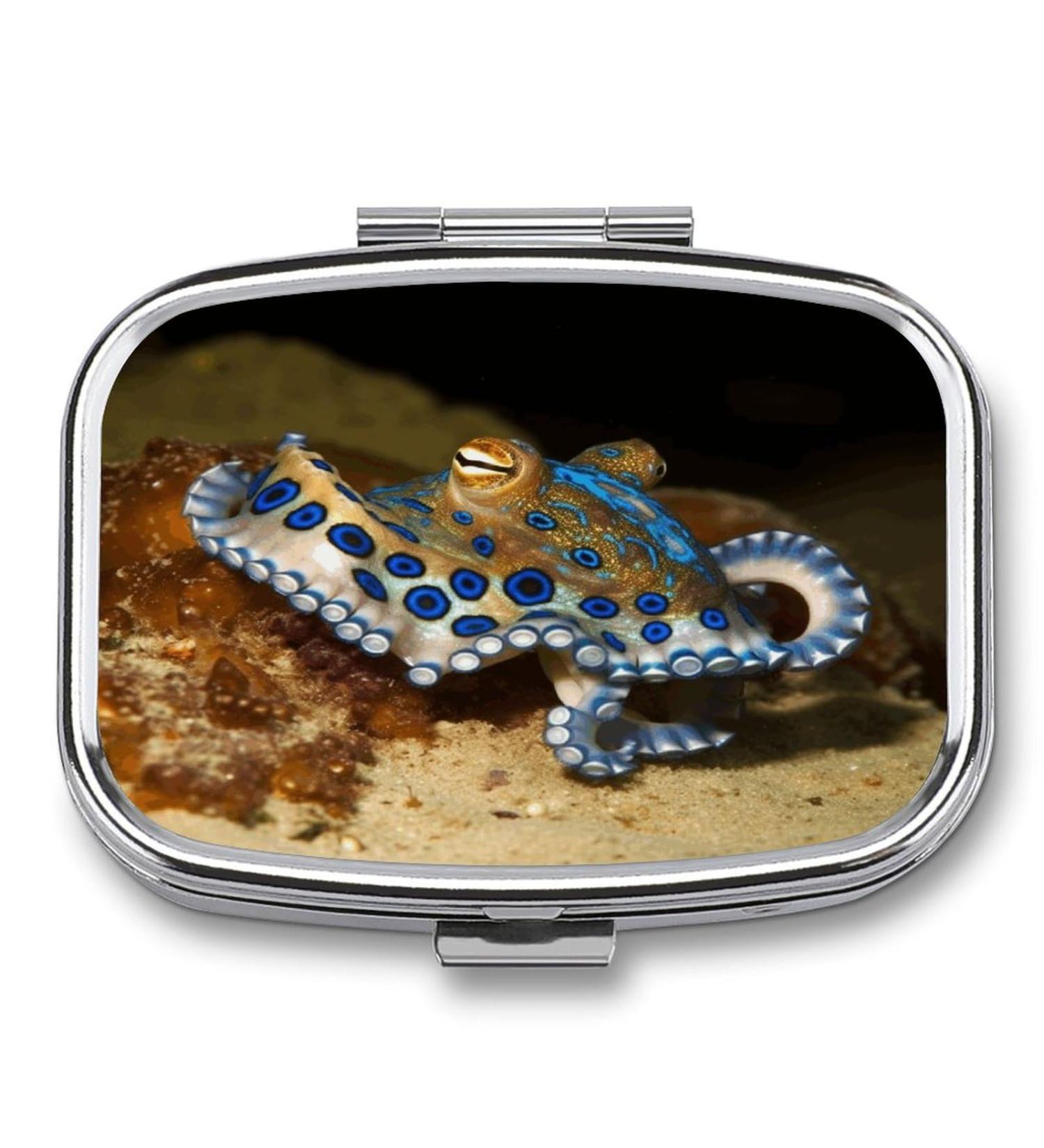 Buy Blue Ring Octopus Print Pill Box - 2 Compartment Metal Pill Organizer for Travel | Decorative & Portable Medicine Case - Buy Online on GoSupps.com