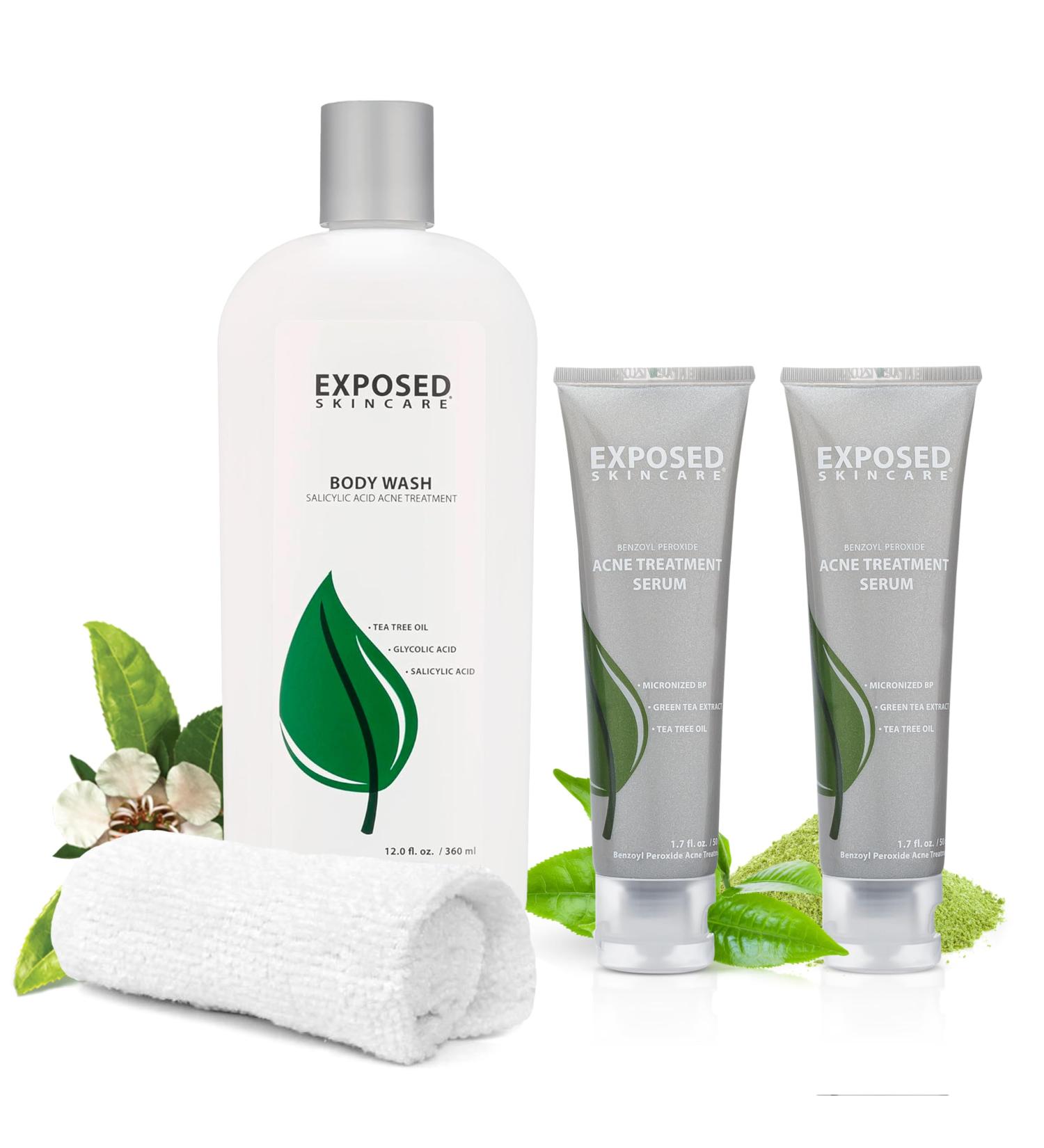 Exposed Skin Care Body Acne Kit - Dual Serums Wash & Cloth - Fast Relief for Back & Body Pimples - Buy Online on GoSupps.com