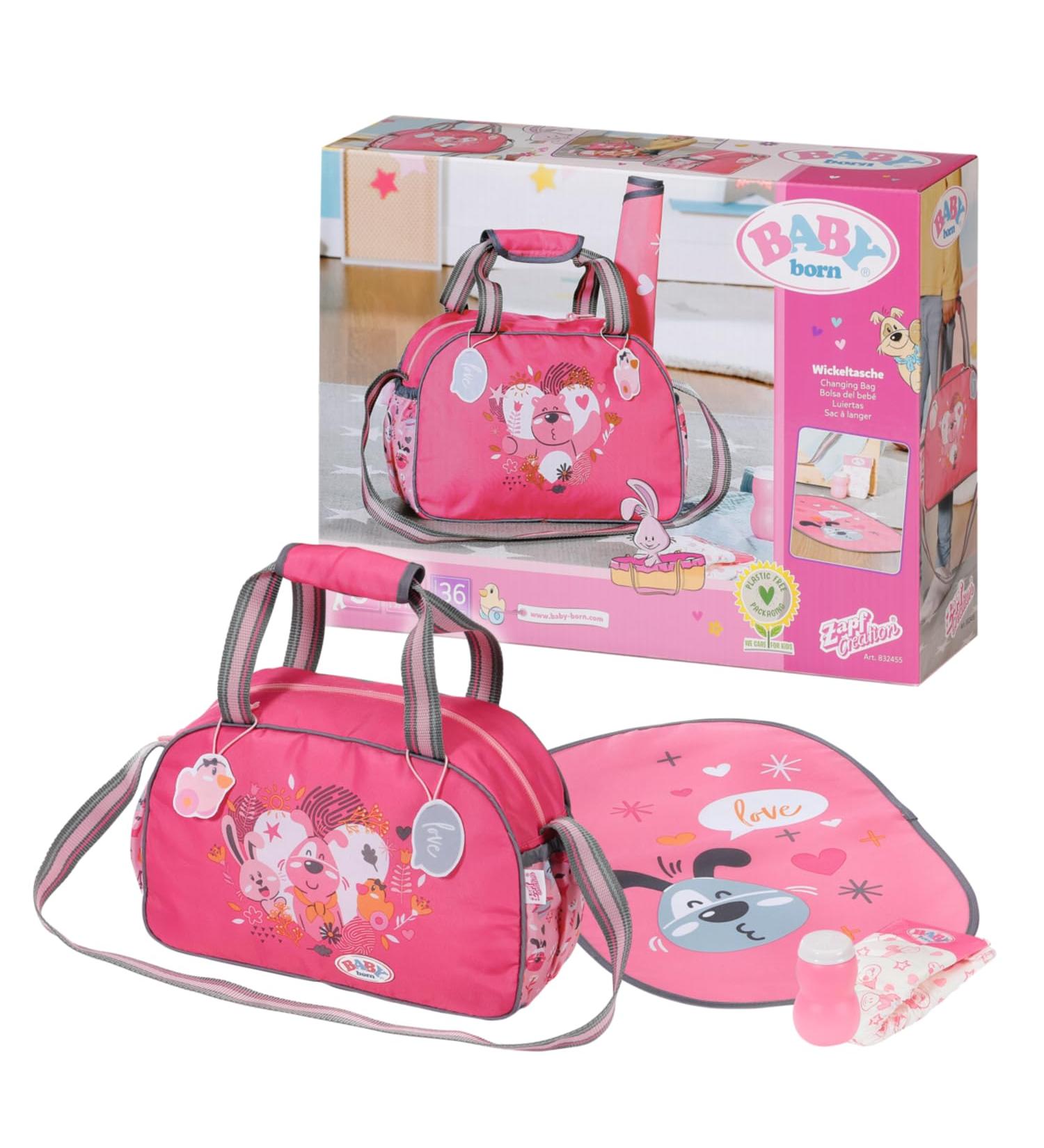 Baby Born Changing Bag with Mat, Bottle, Nappy - Pink - Fits 43cm Dolls - Ages 3 - Buy Online on GoSupps.com