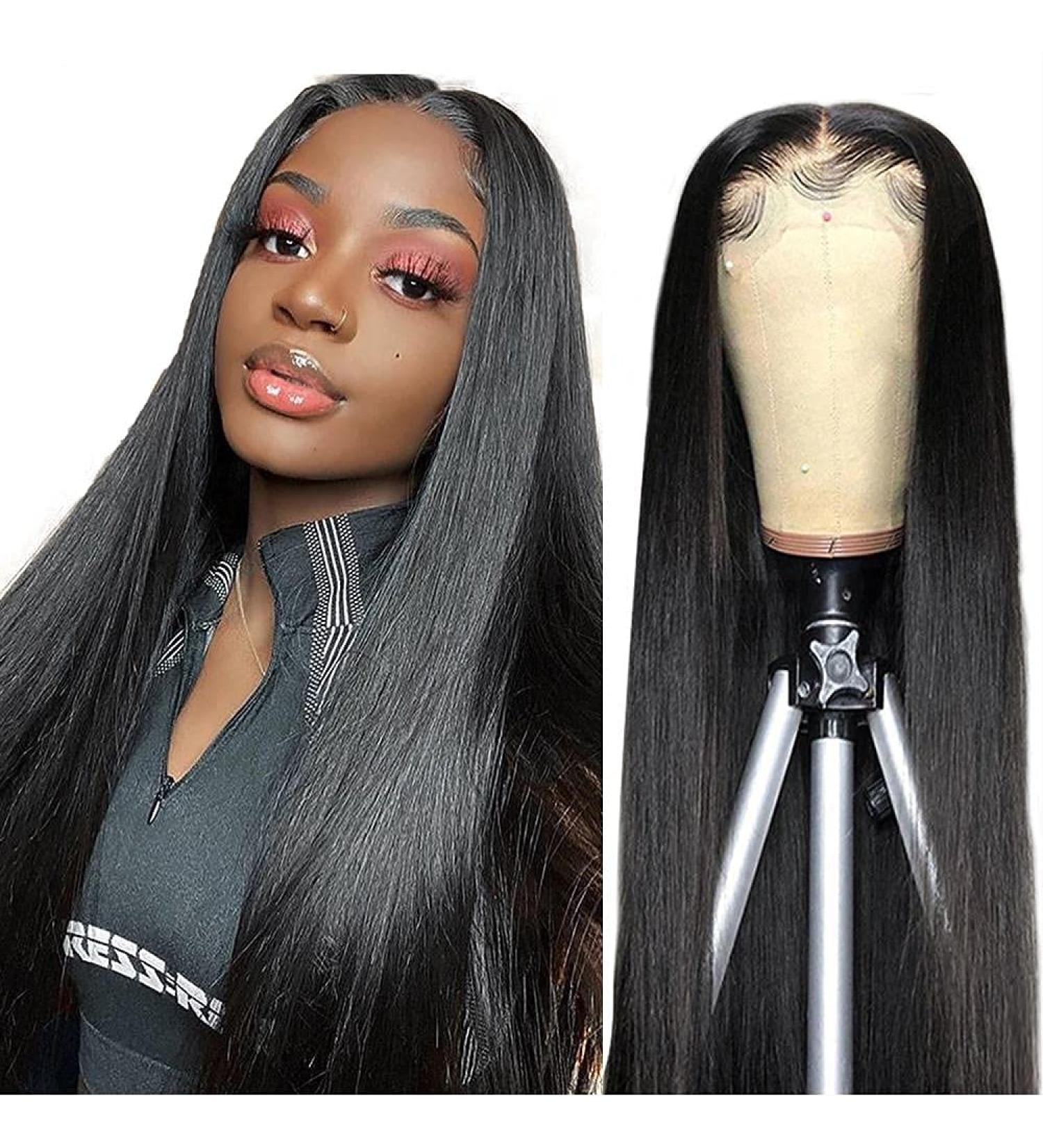 Lace Front Brazilian Human Hair Wig 30 Inch - Natural Color Straight Pre Plucked with Baby Hair - 4x4 Lace Closure Wig for Black Women - Buy Online on GoSupps.com