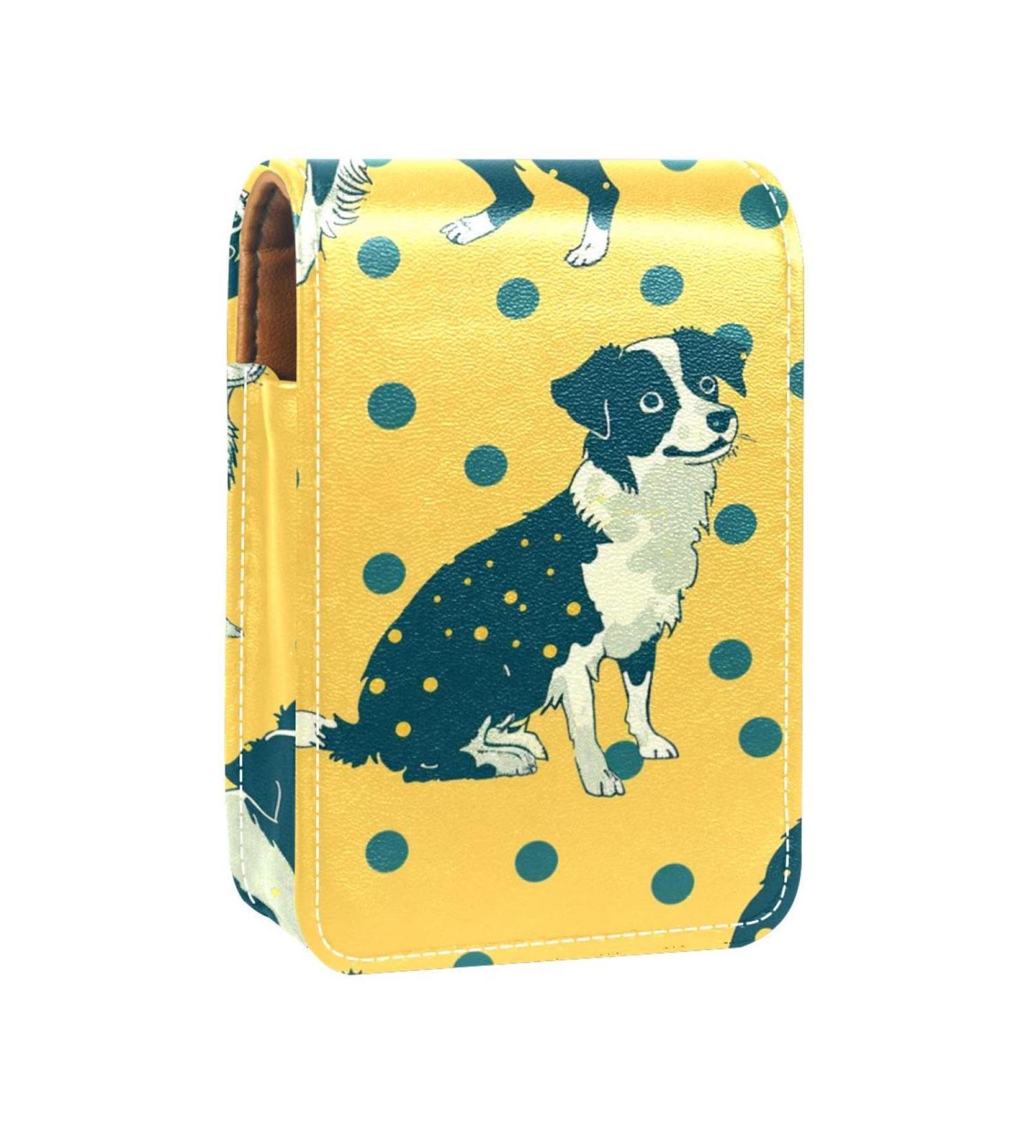 Stylish Lipstick Case with Mirror - Leather Lip Gloss Organizer Featuring Border Collie on Yellow Background - Buy Online on GoSupps.com