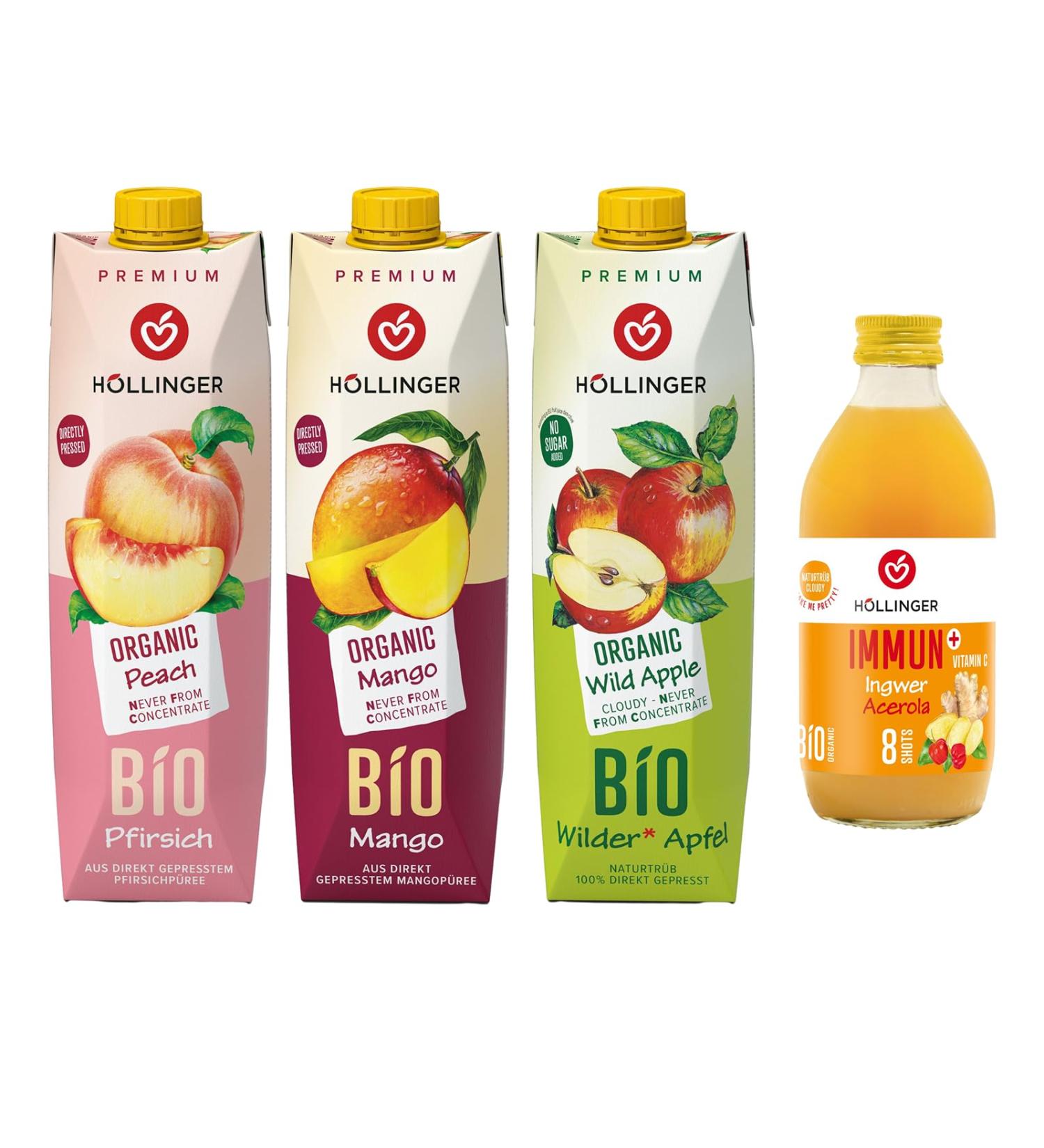 Hollinger Bio Premium Pack Mixte Jus de Fruits Biologiques P che Mangue Pomme Sauvage 3x1L Plus Boisson Immun+ Gingembre 330ml - Buy Online on GoSupps.com