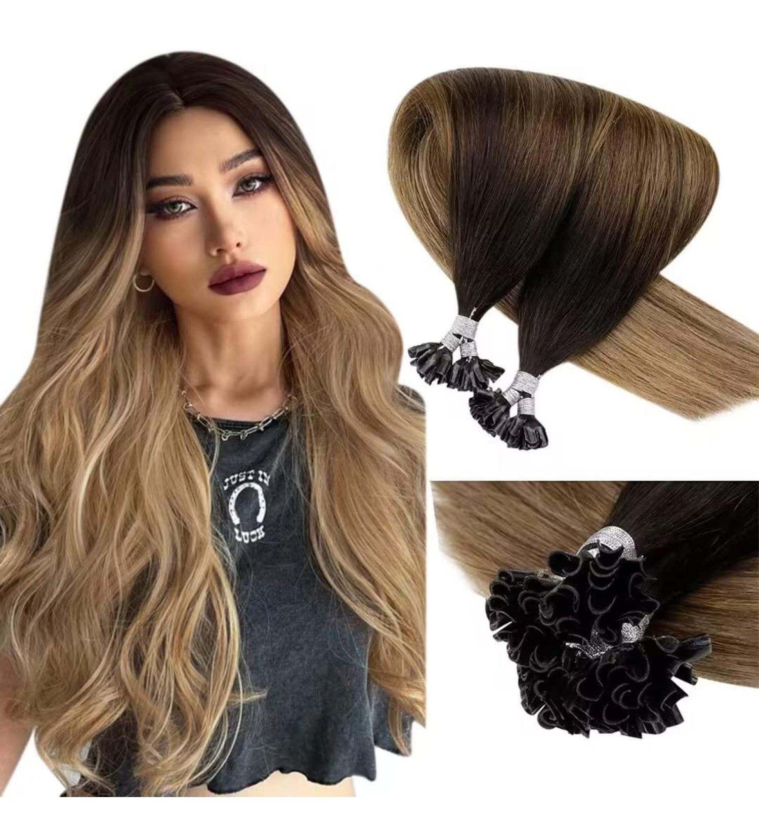 Laavoo 60cm Real Hair Extensions - Balayage Brown Remy Keratin Bondings | Dark Brown & Ash Blonde | #2/6/18 U-Tip Extensions - Buy Online on GoSupps.com